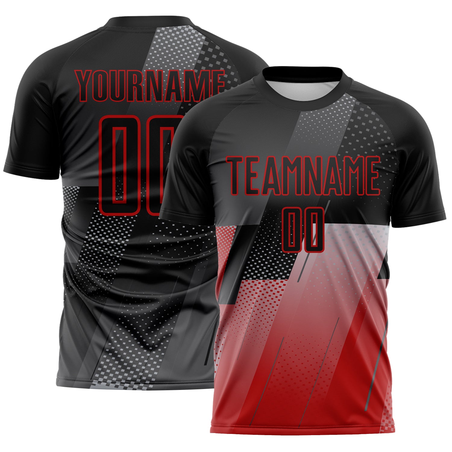 FansIdea Custom Black Gray-Red Geometric Diagonal Block Halftone Grid Sublimation Soccer Uniform Jersey - $16.99 at Proof Eyewear