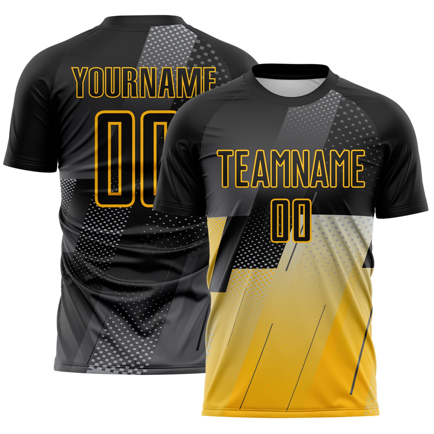 FansIdea Custom Black Gray-Gold Geometric Diagonal Block Halftone Grid Sublimation Soccer Uniform Jersey - $16.99 at Proof Eyewear