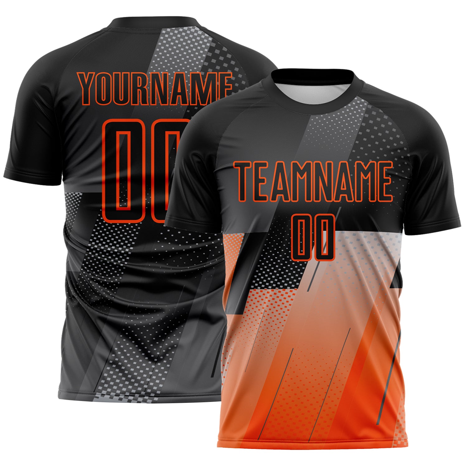 FansIdea Custom Black Gray-Orange Geometric Diagonal Block Halftone Grid Sublimation Soccer Uniform Jersey - $16.99 at Proof Eyewear