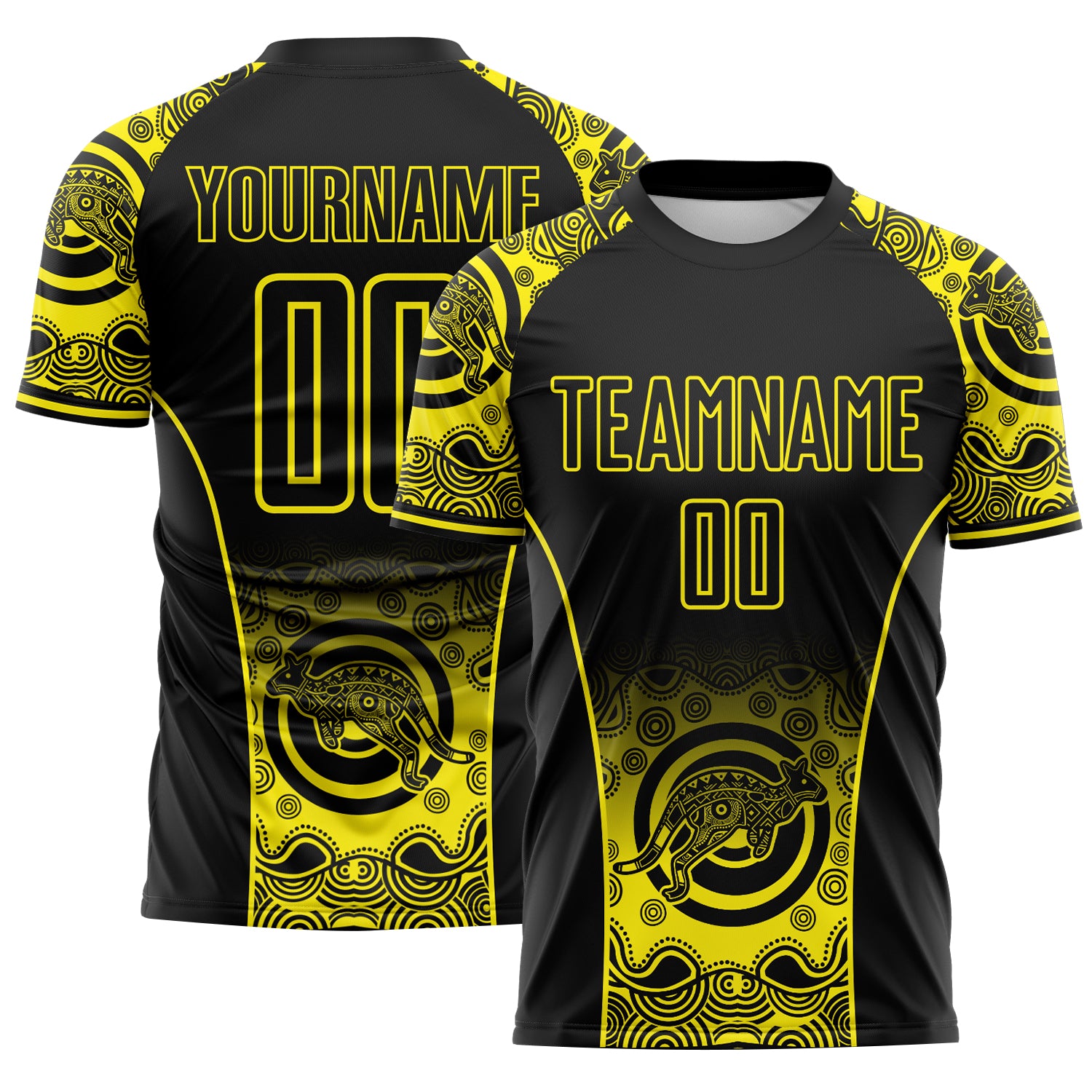 FansIdea Custom Black-Light Yellow Australia Kangaroo Aboriginal Dot Art Sublimation Soccer Uniform Jersey - $16.99 at Proof Eyewear