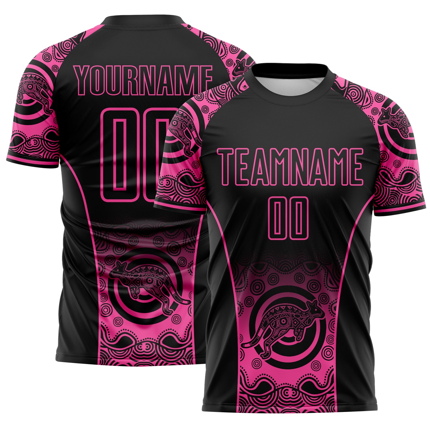 FansIdea Custom Black-Pink Australia Kangaroo Aboriginal Dot Art Australia Kangaroo Sublimation Soccer Uniform Jersey - $16.99 at Proof Eyewear