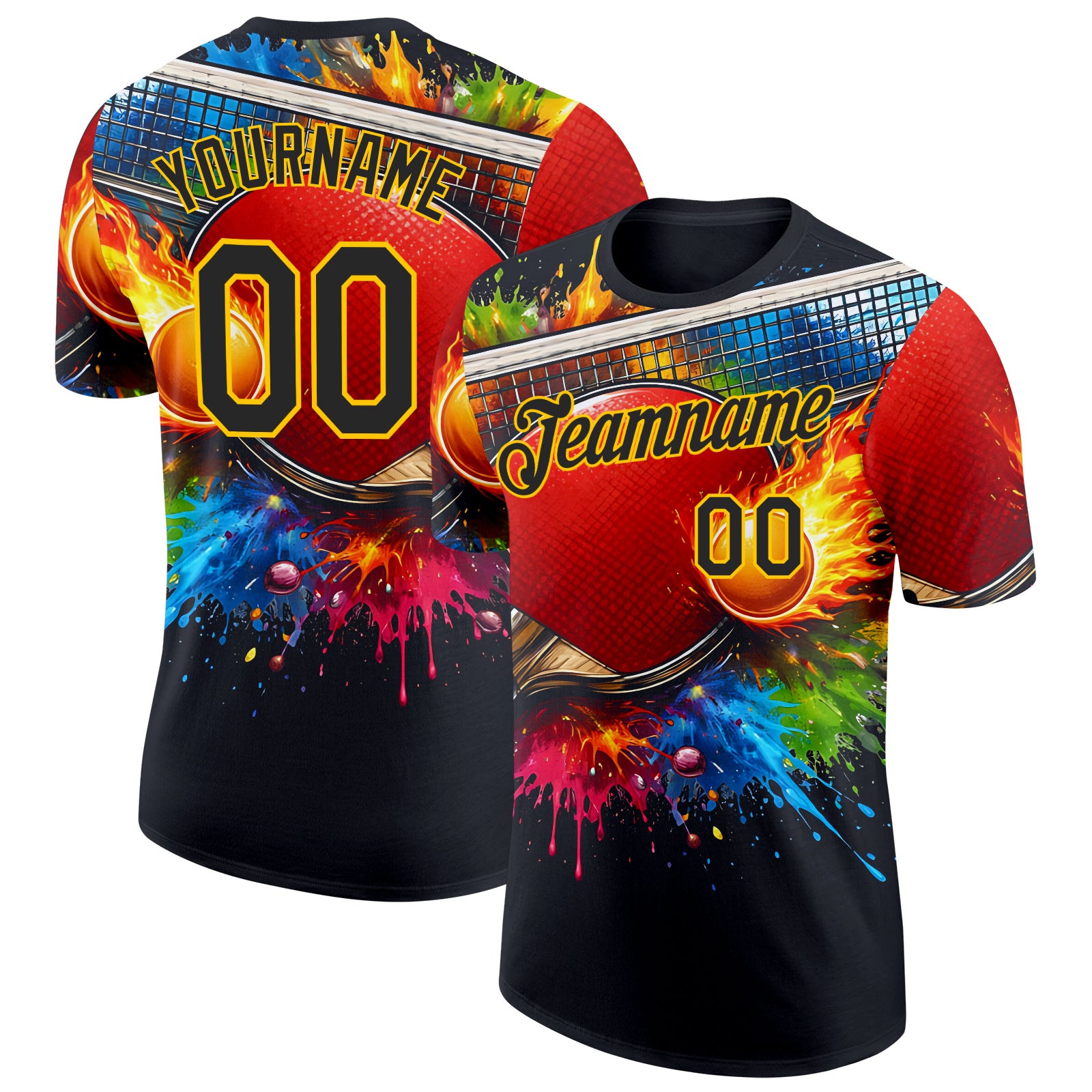 FansIdea Custom Black Red Blue Green-Yellow Table Tennis Splash Ink Performance T-Shirt - $14.99 at Proof Eyewear