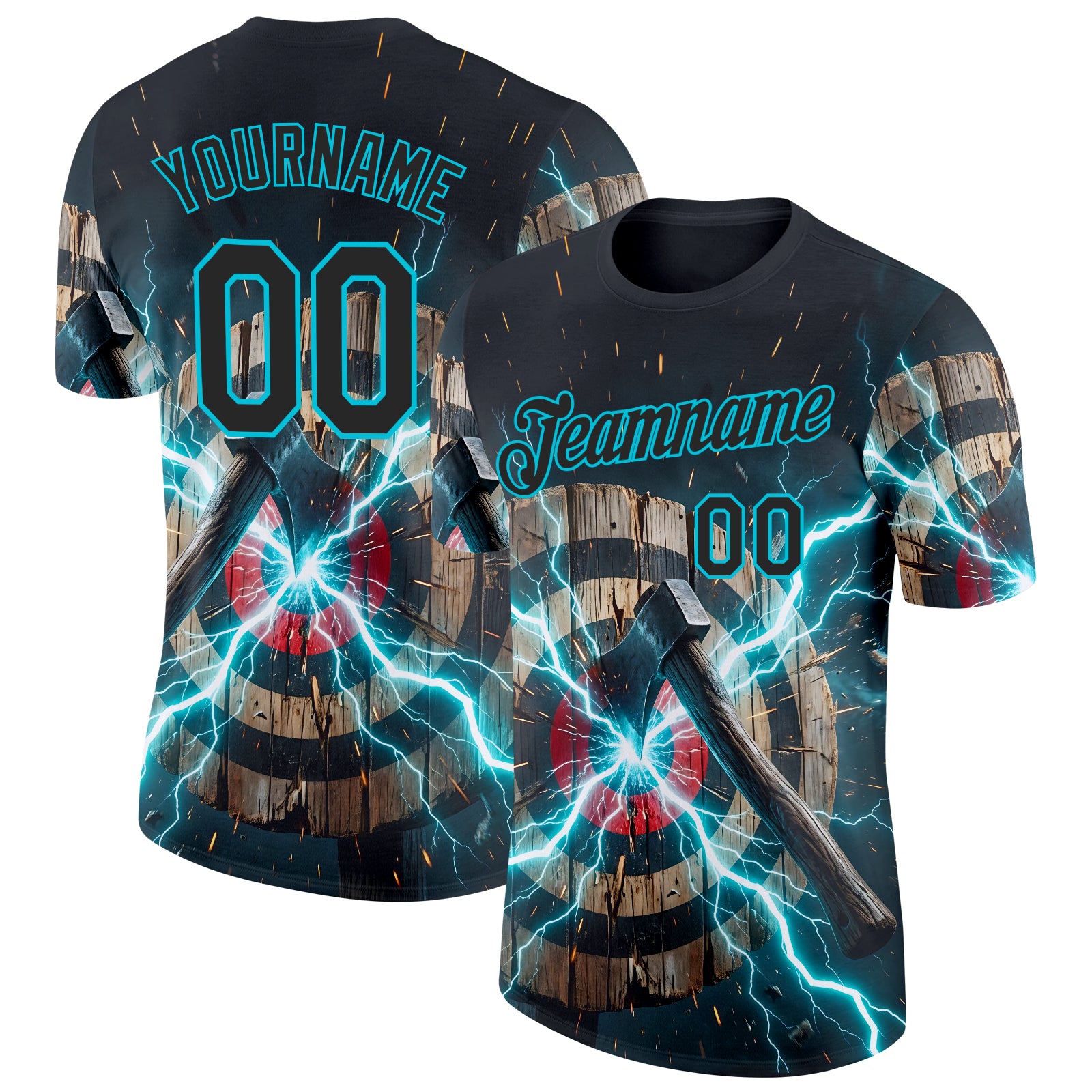 FansIdea Custom Black Blue-Lakes Blue Axe Throwing Lightning Performance T-Shirt - $14.99 at Proof Eyewear