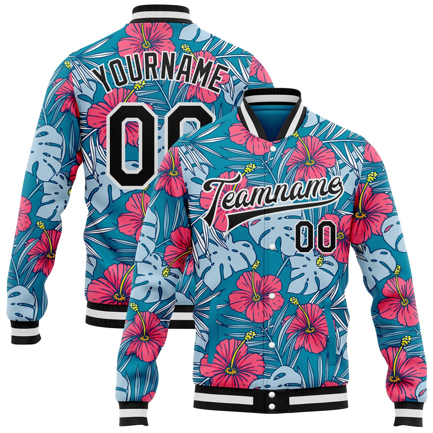 FansIdea Custom Blue Black-White Hawaii Hibiscus Tropical Leaves Bomber Full-Snap Varsity Letterman Jacket - $38.99 at Proof Eyewear