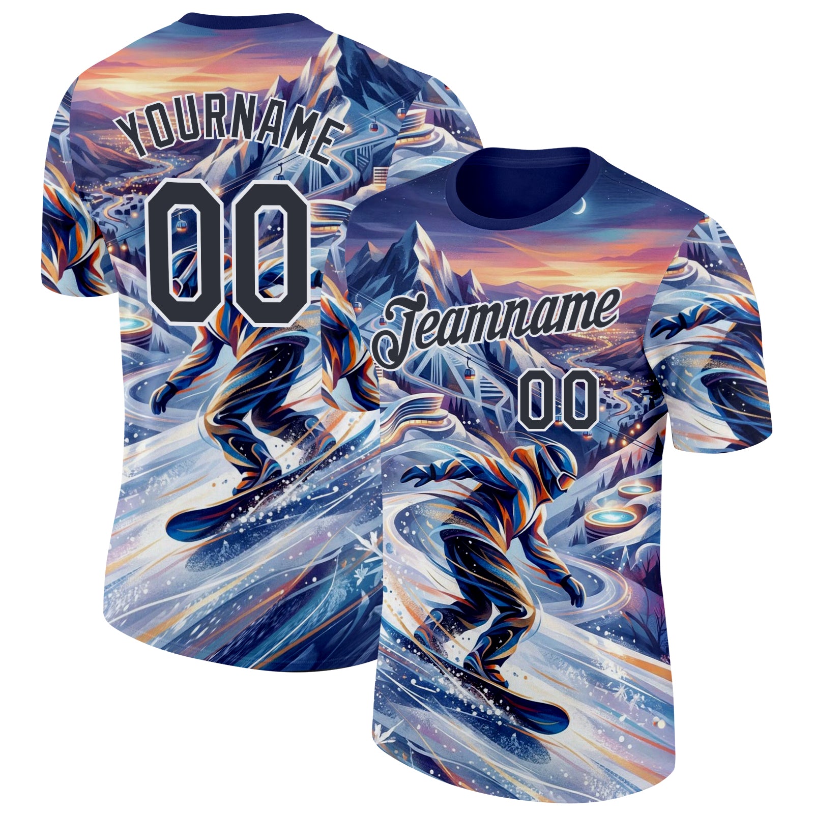 FansIdea Custom Blue Black-White Snow Mountain Skiing Performance T-Shirt - $14.99 at Proof Eyewear
