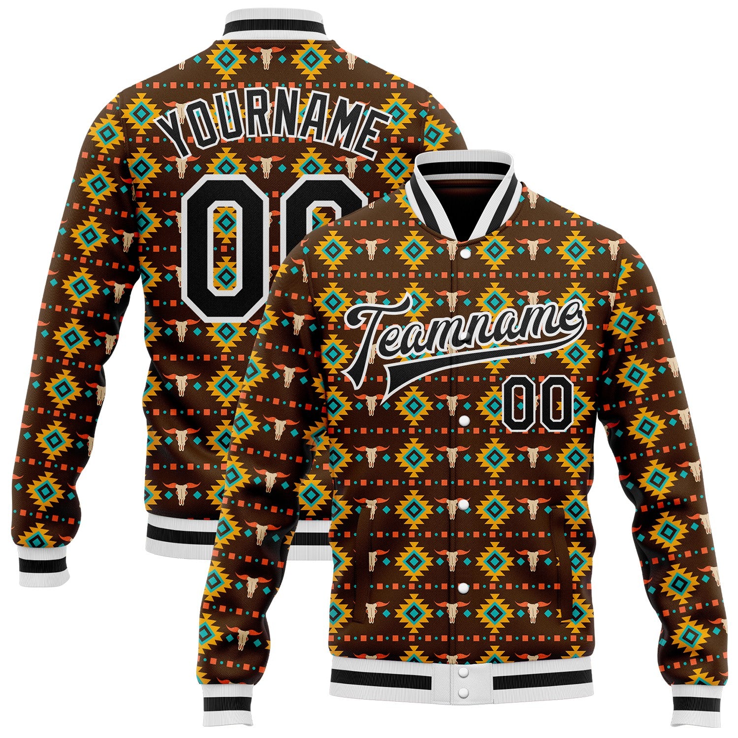 FansIdea Custom Brown Black-White Western Cow Skull Aztec Bomber Full-Snap Varsity Letterman Jacket - $38.99 at Proof Eyewear