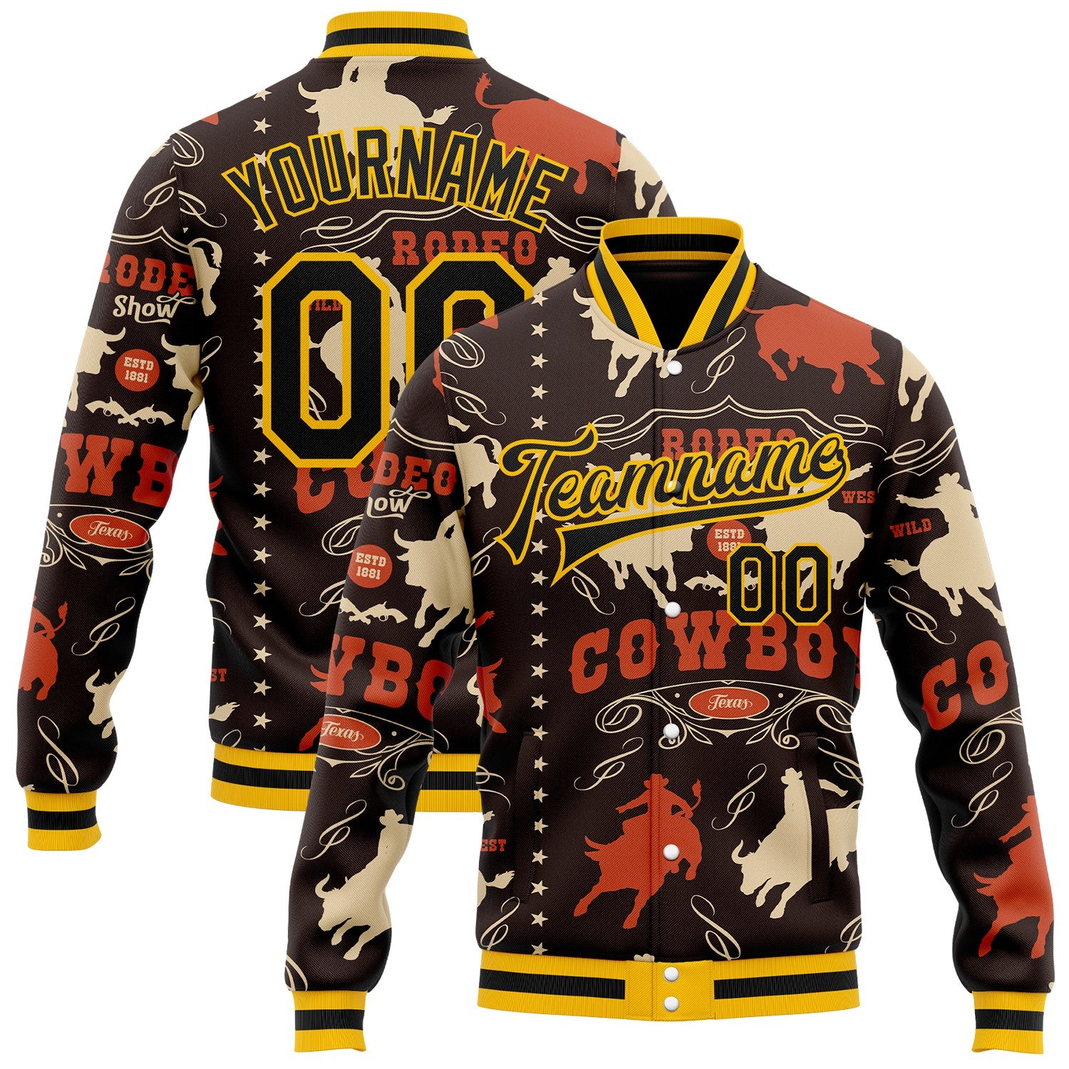 FansIdea Custom Brown Black Gold-White Vintage Western Cowboy Bomber Full-Snap Varsity Letterman Jacket - $38.99 at Proof Eyewear