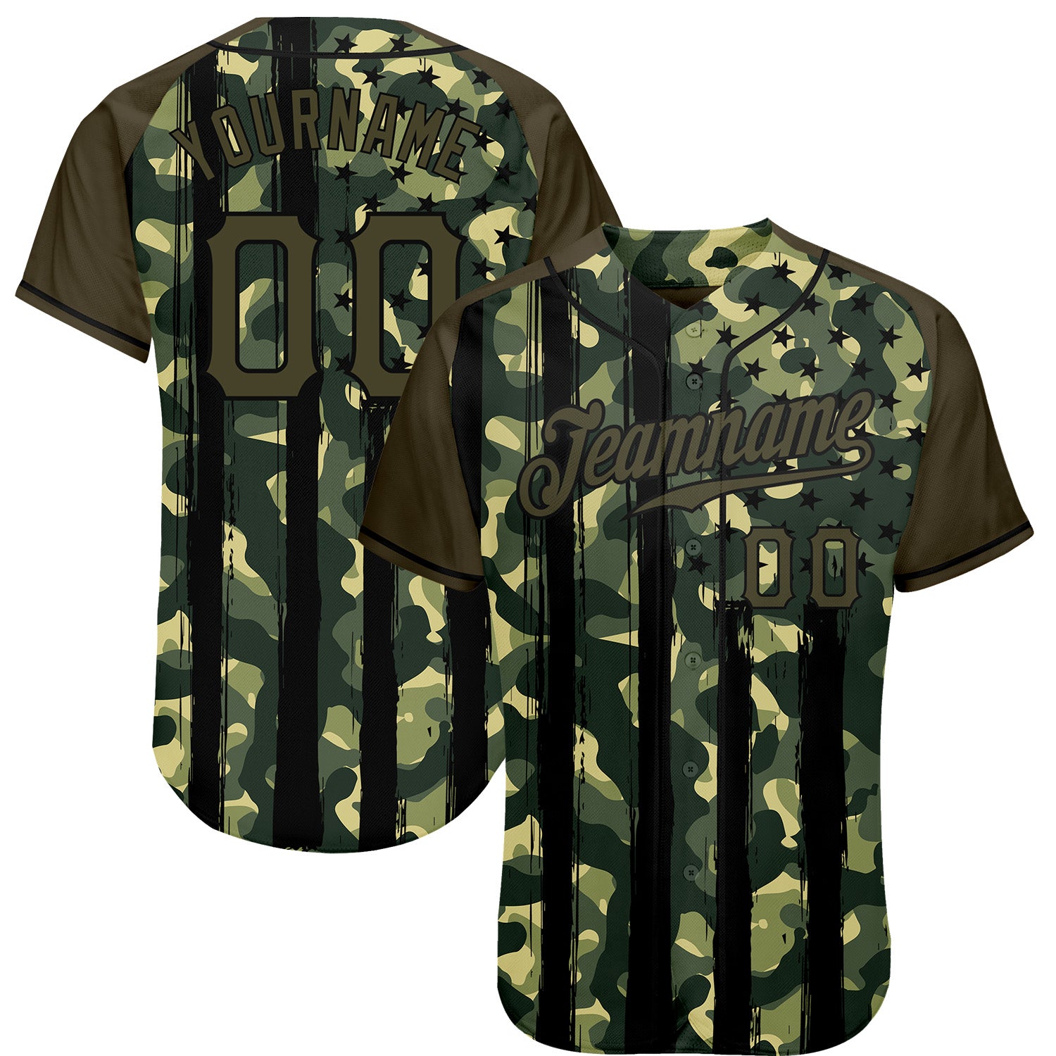 FansIdea Custom Camo Olive-Black Distressed American Flag Patriotic Raglan Sleeves Authentic Baseball Jersey - $29.99 at Proof Eyewear