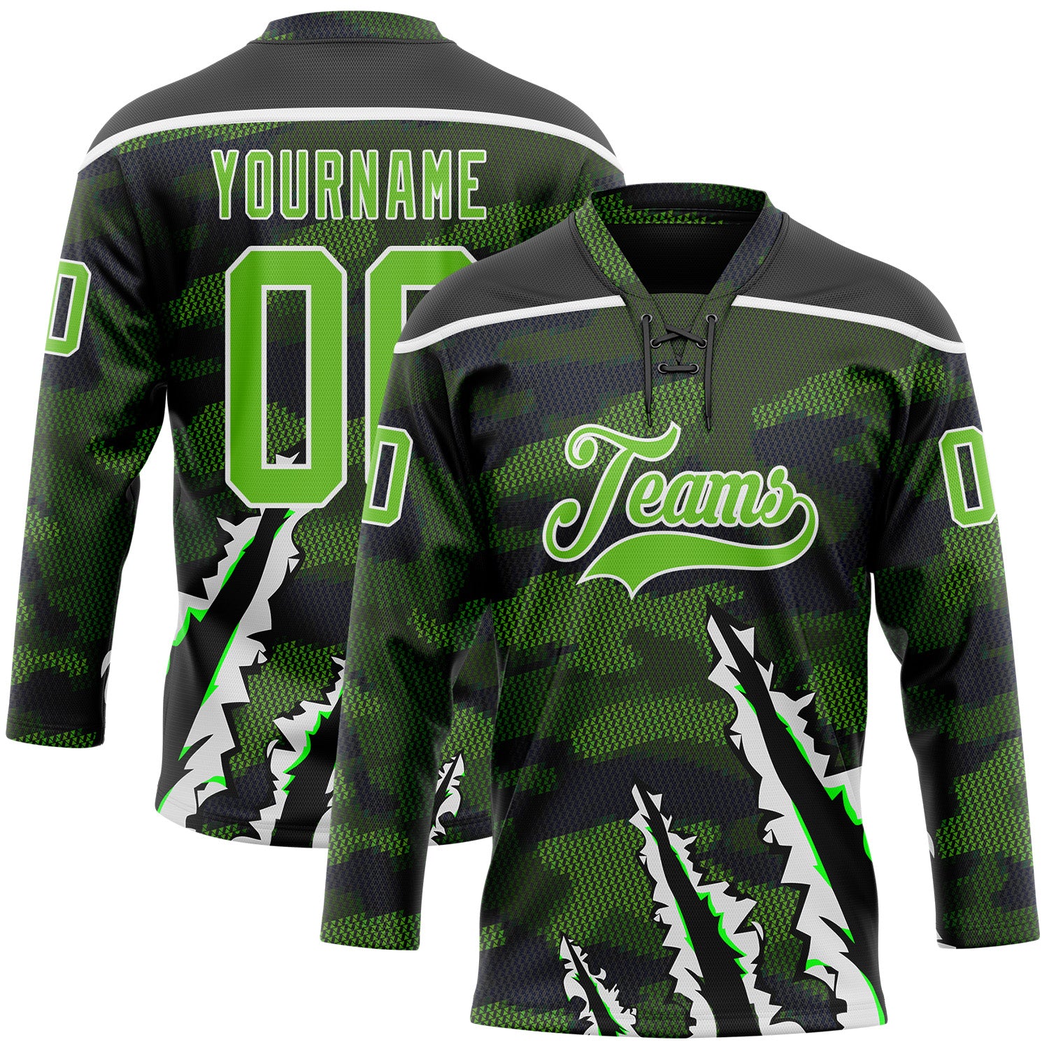 FansIdea Custom Camo Aurora Green Black-White 3D Camouflage Claw Mark Hockey Lace Neck Jersey - $29.99 at Proof Eyewear