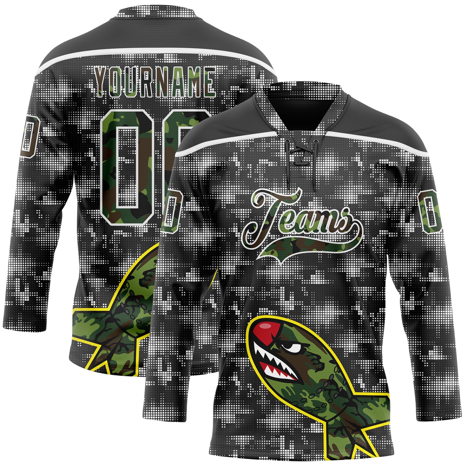 FansIdea Custom Camo Black-White 3D Camouflage Digital Hockey Lace Neck Jersey - $29.99 at Proof Eyewear