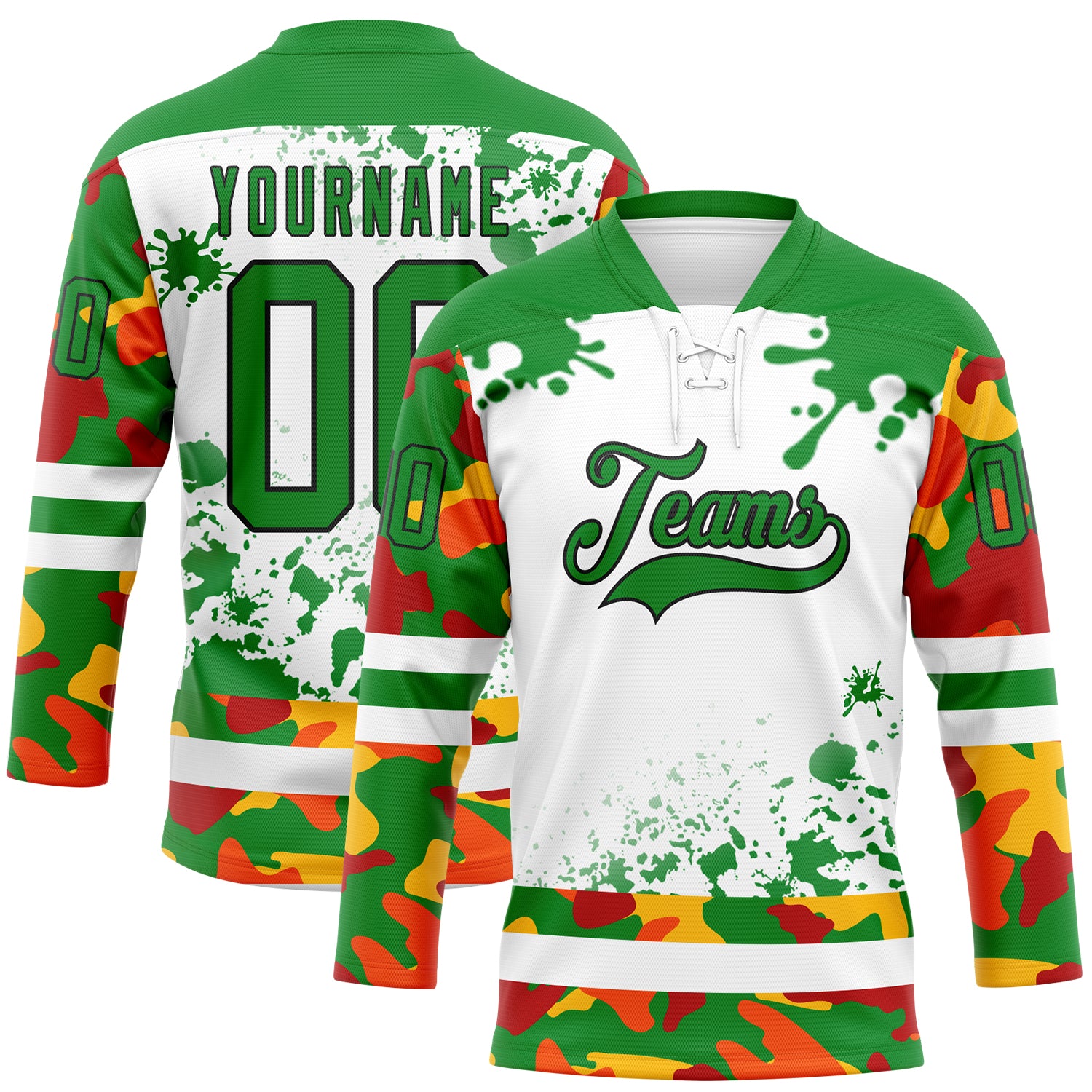 FansIdea Custom Camo Grass Green Black-White Splash Hockey Lace Neck Jersey - $29.99 at Proof Eyewear