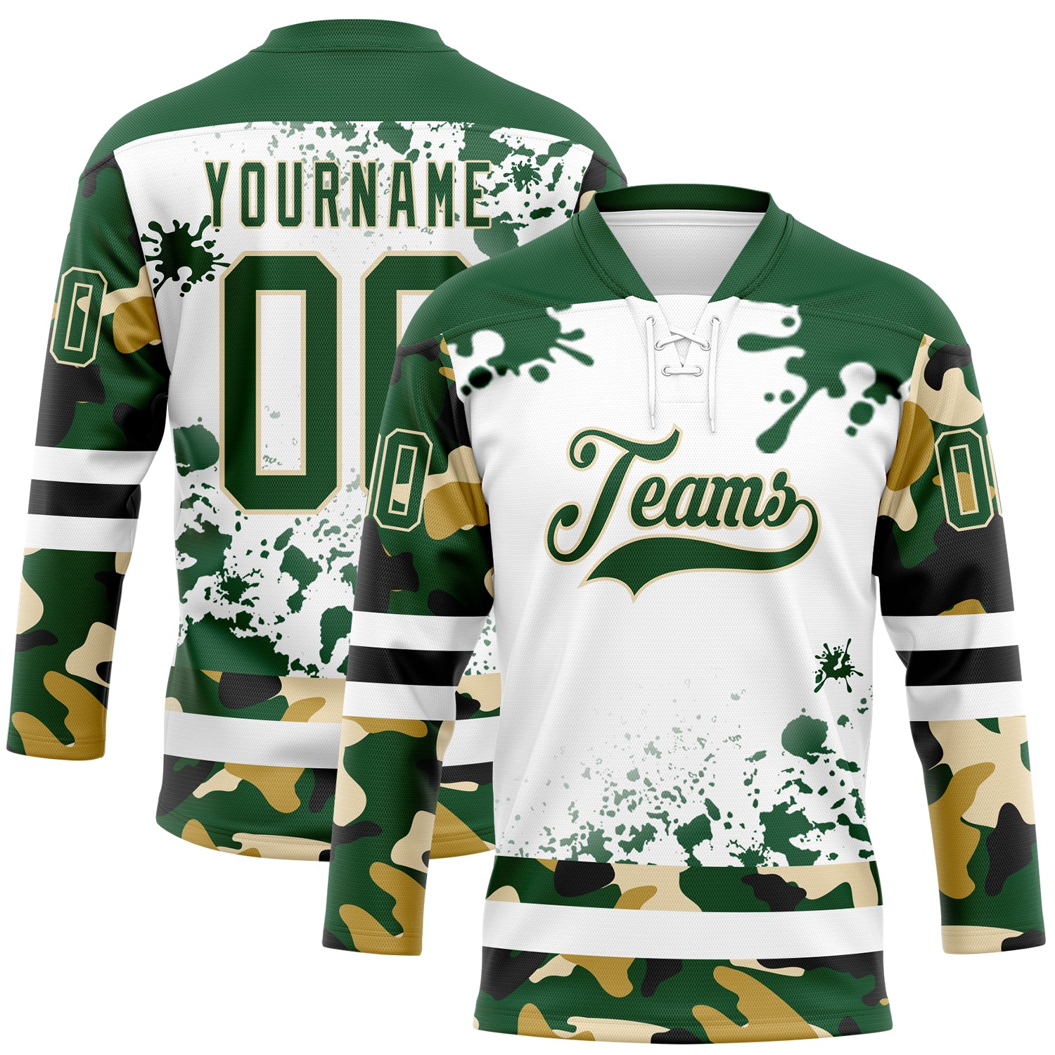 FansIdea Custom Camo Green Black Cream-White Splash Hockey Lace Neck Jersey - $29.99 at Proof Eyewear