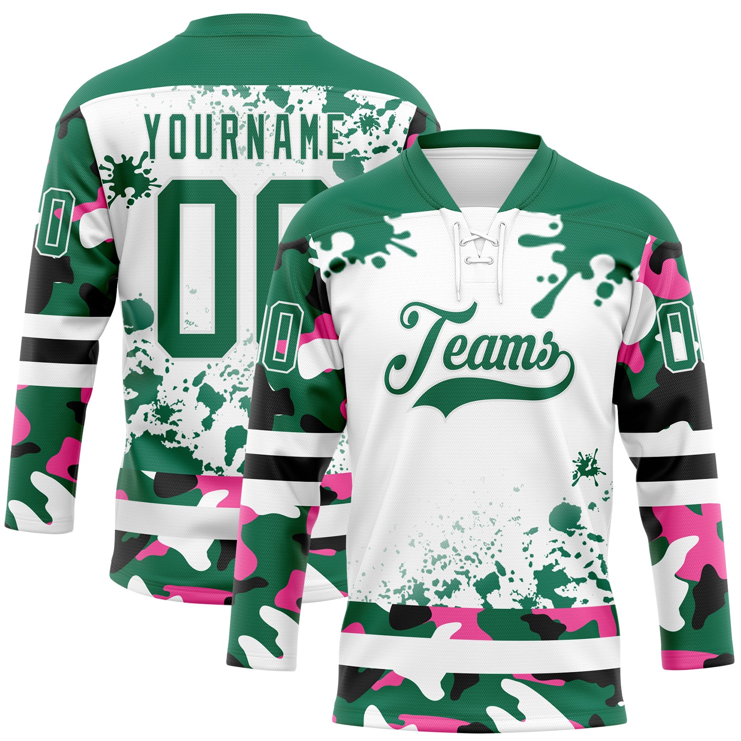 FansIdea Custom Camo Kelly Green Black-White Splash Hockey Lace Neck Jersey - $29.99 at Proof Eyewear