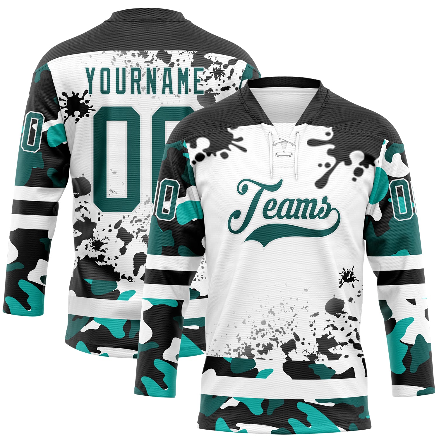 FansIdea Custom Camo Midnight Green Black-White Splash Hockey Lace Neck Jersey - $29.99 at Proof Eyewear