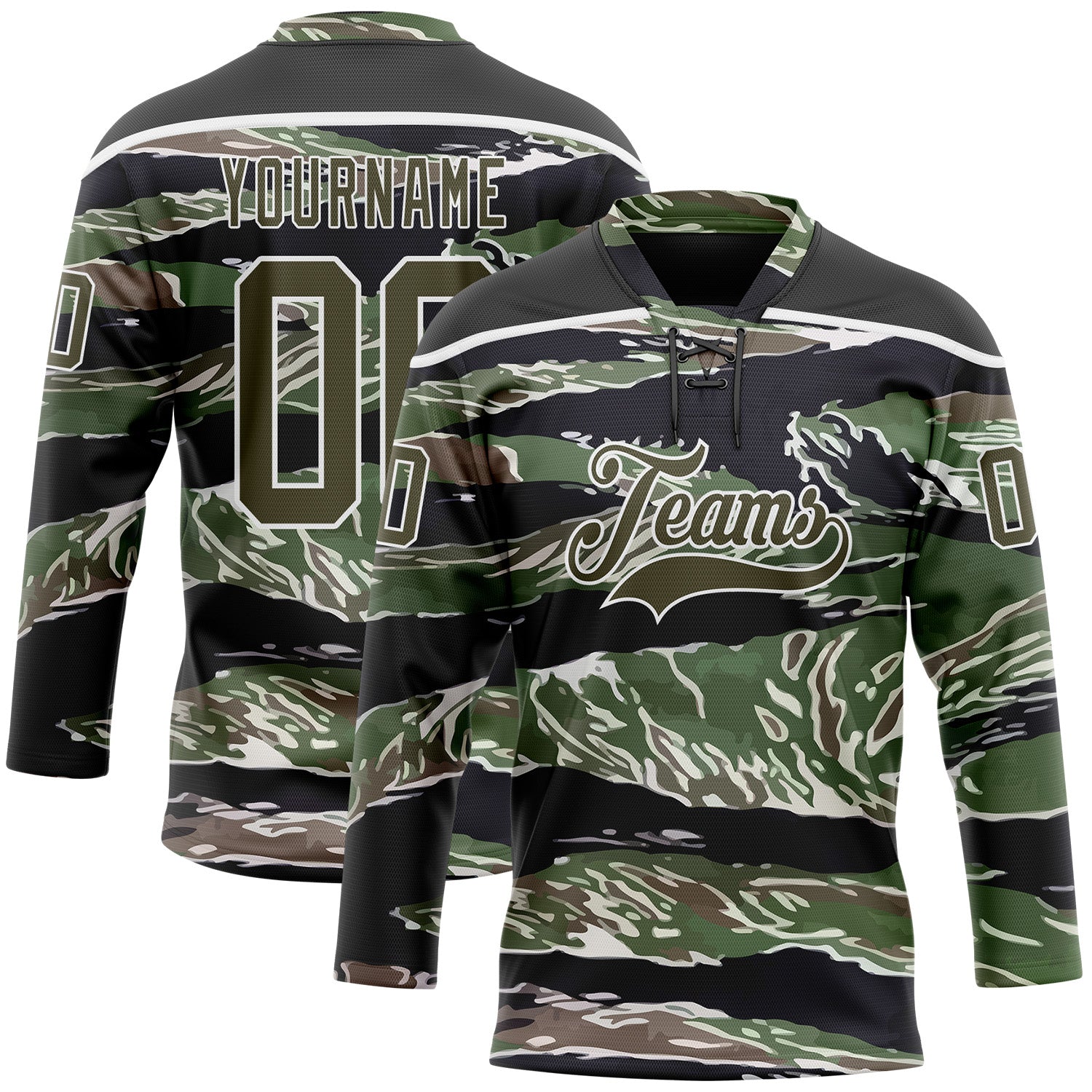FansIdea Custom Camo Olive Black-White 3D Camouflage Hockey Lace Neck Jersey - $29.99 at Proof Eyewear