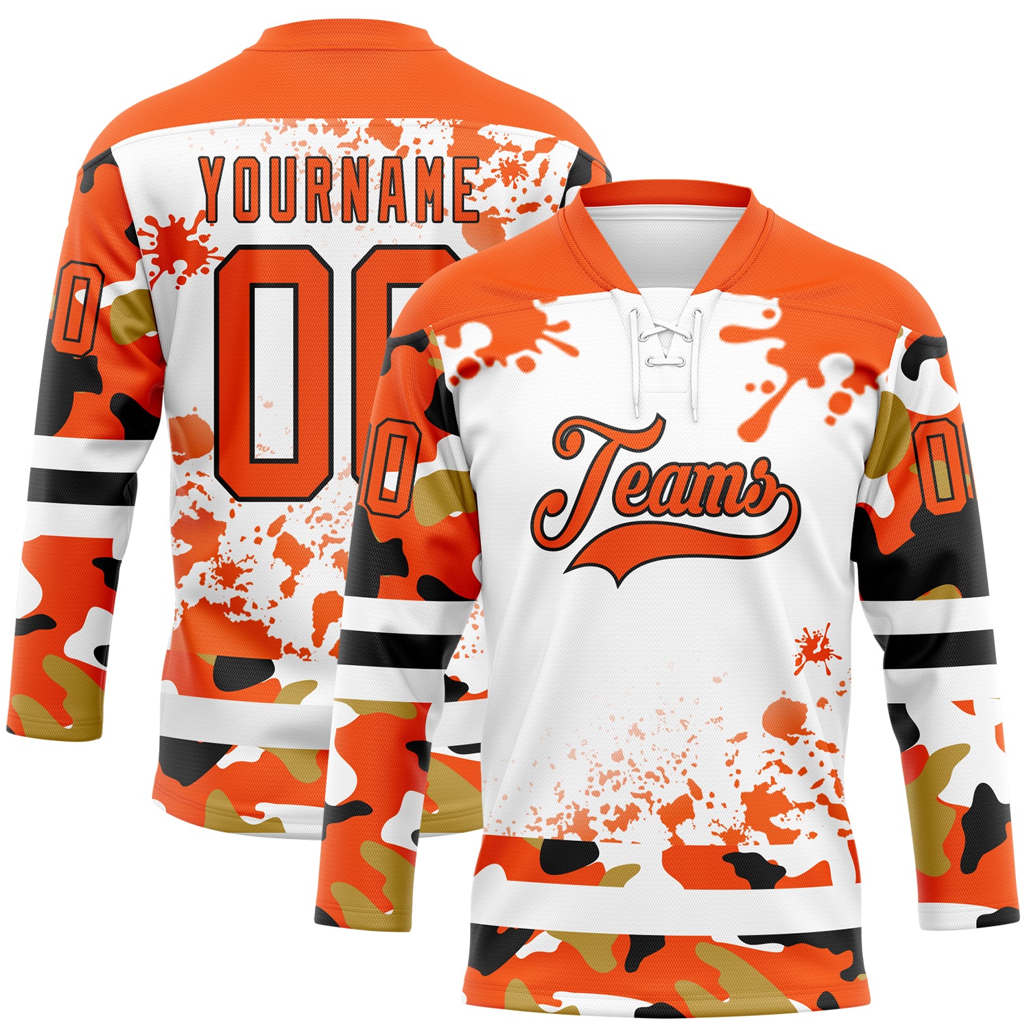 FansIdea Custom Camo Orange Black-White Splash Hockey Lace Neck Jersey - $29.99 at Proof Eyewear