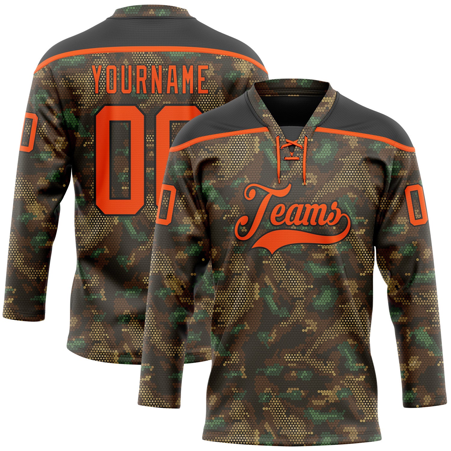FansIdea Custom Camo Orange-Black 3D Camouflage Grunge Digital Hockey Lace Neck Jersey - $29.99 at Proof Eyewear