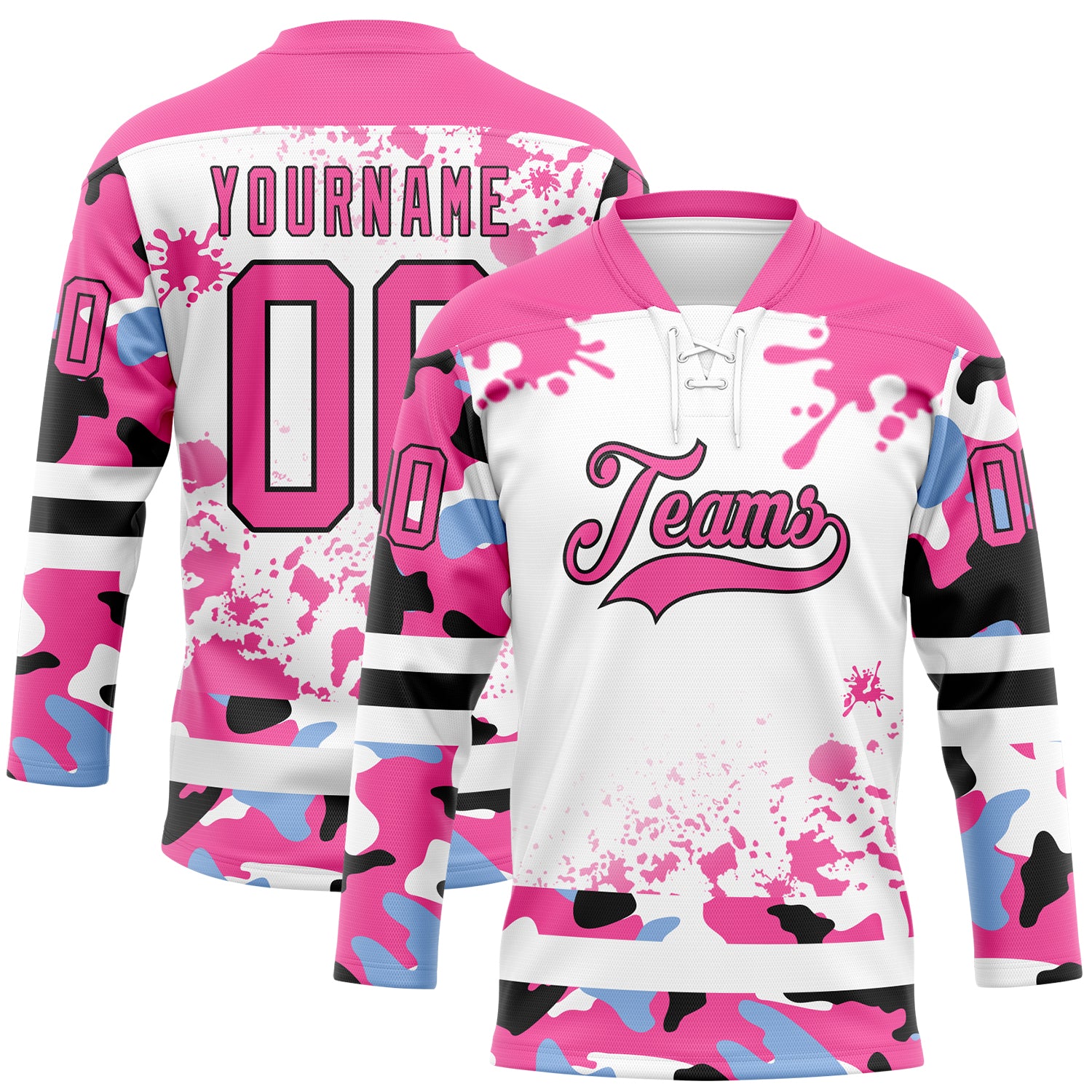 FansIdea Custom Camo Pink Black-White Splash Hockey Lace Neck Jersey - $29.99 at Proof Eyewear