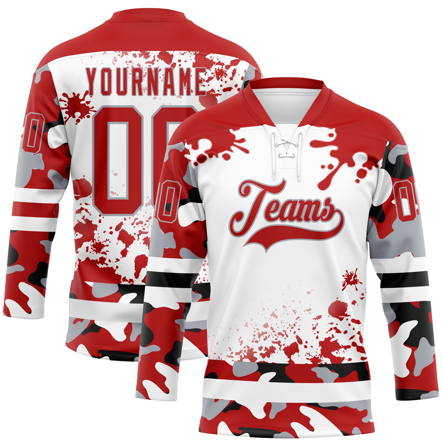 FansIdea Custom Camo Red Black Gray-White Splash Hockey Lace Neck Jersey - $29.99 at Proof Eyewear