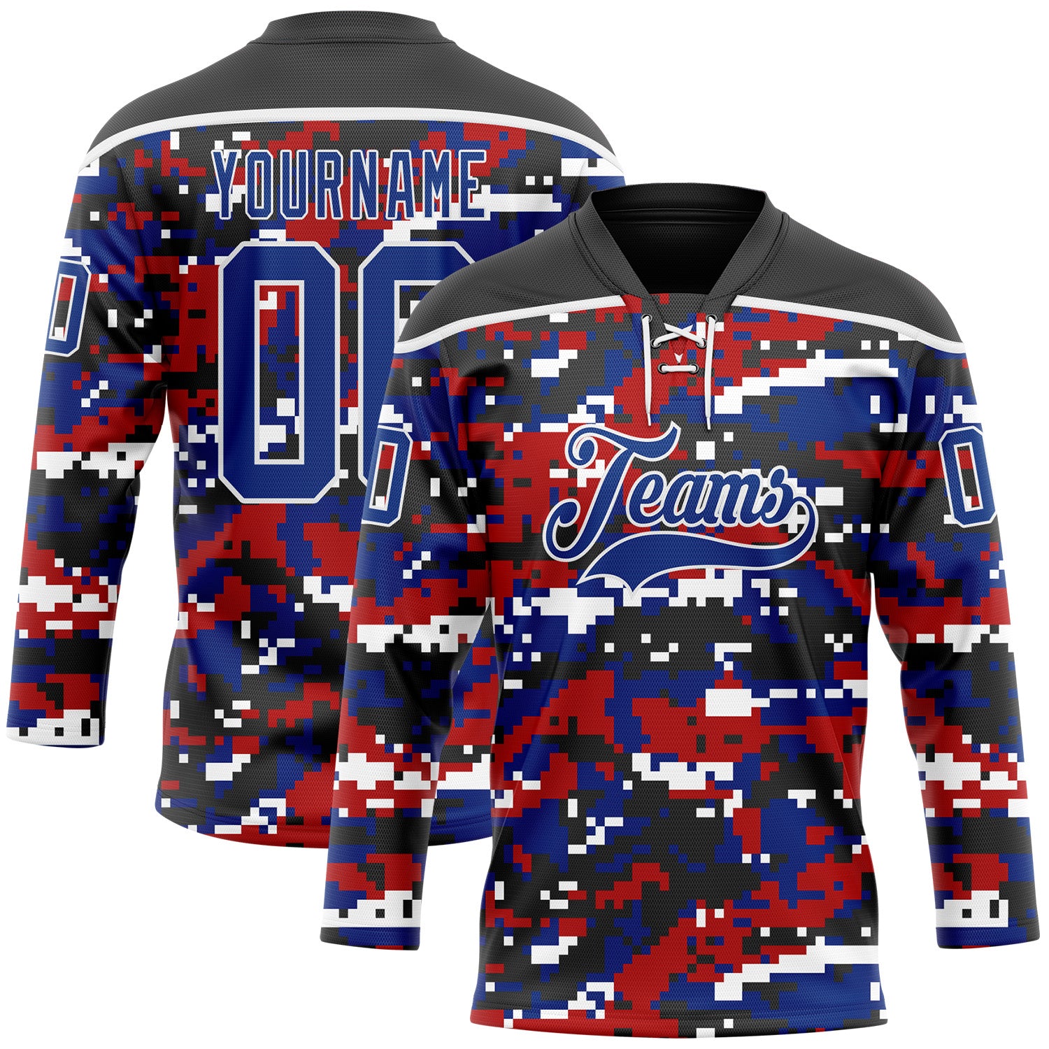 FansIdea Custom Camo Royal Black-White American Flag Digital Camouflage Hockey Lace Neck Jersey - $29.99 at Proof Eyewear