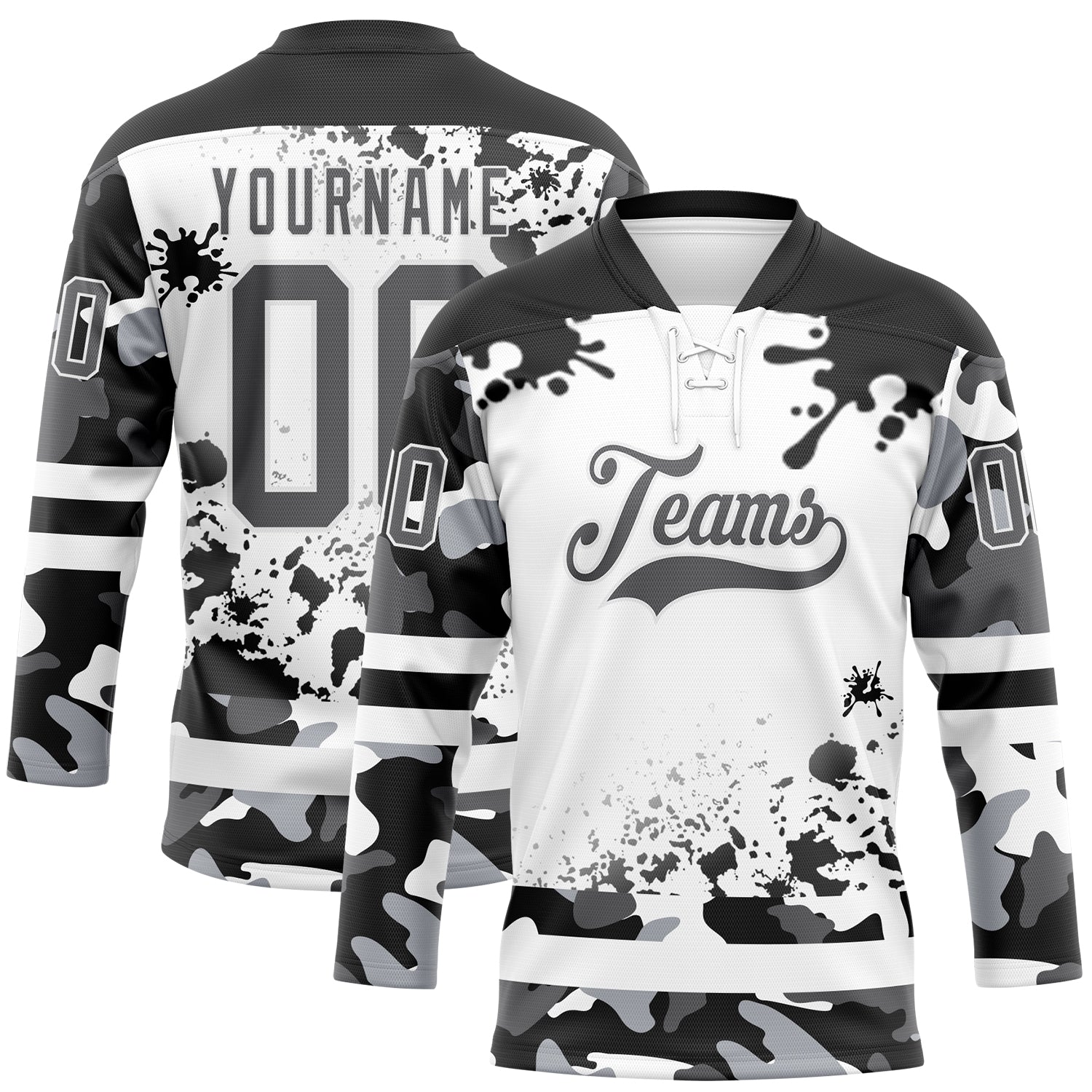 FansIdea Custom Camo Steel Gray Black-White Splash Hockey Lace Neck Jersey - $29.99 at Proof Eyewear