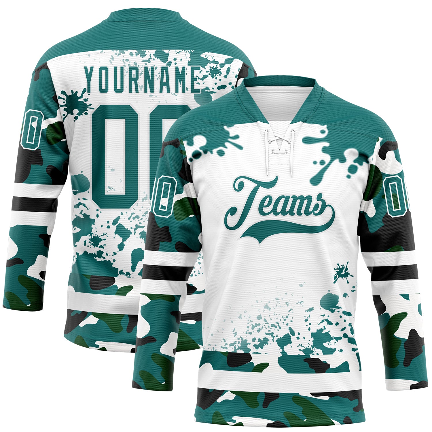 FansIdea Custom Camo Teal Black-White Splash Hockey Lace Neck Jersey - $29.99 at Proof Eyewear