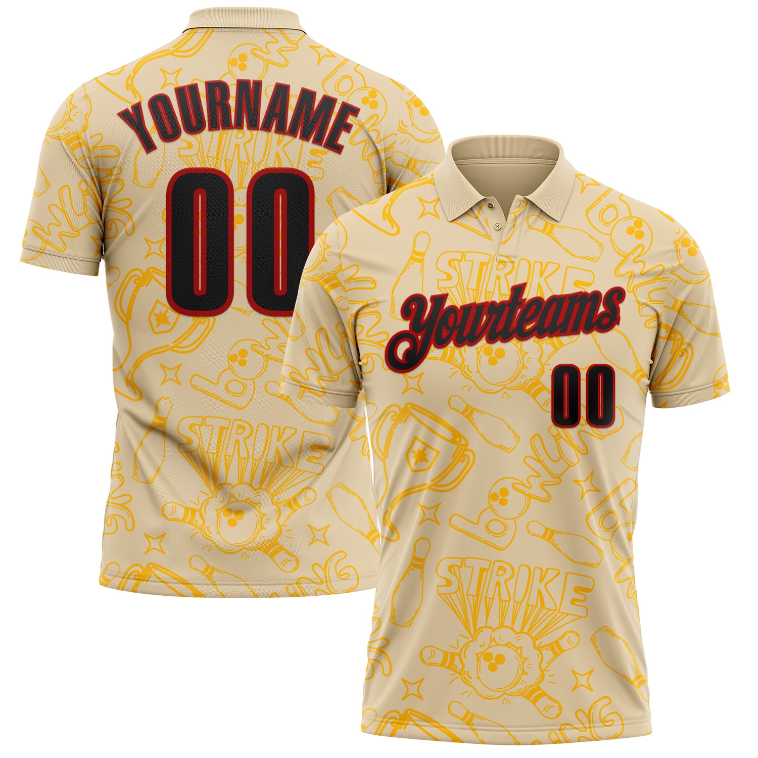 FansIdea Custom City Cream Black-Red Bowling Ball And Pins Strike Performance Polo Shirt - $19.99 at Proof Eyewear
