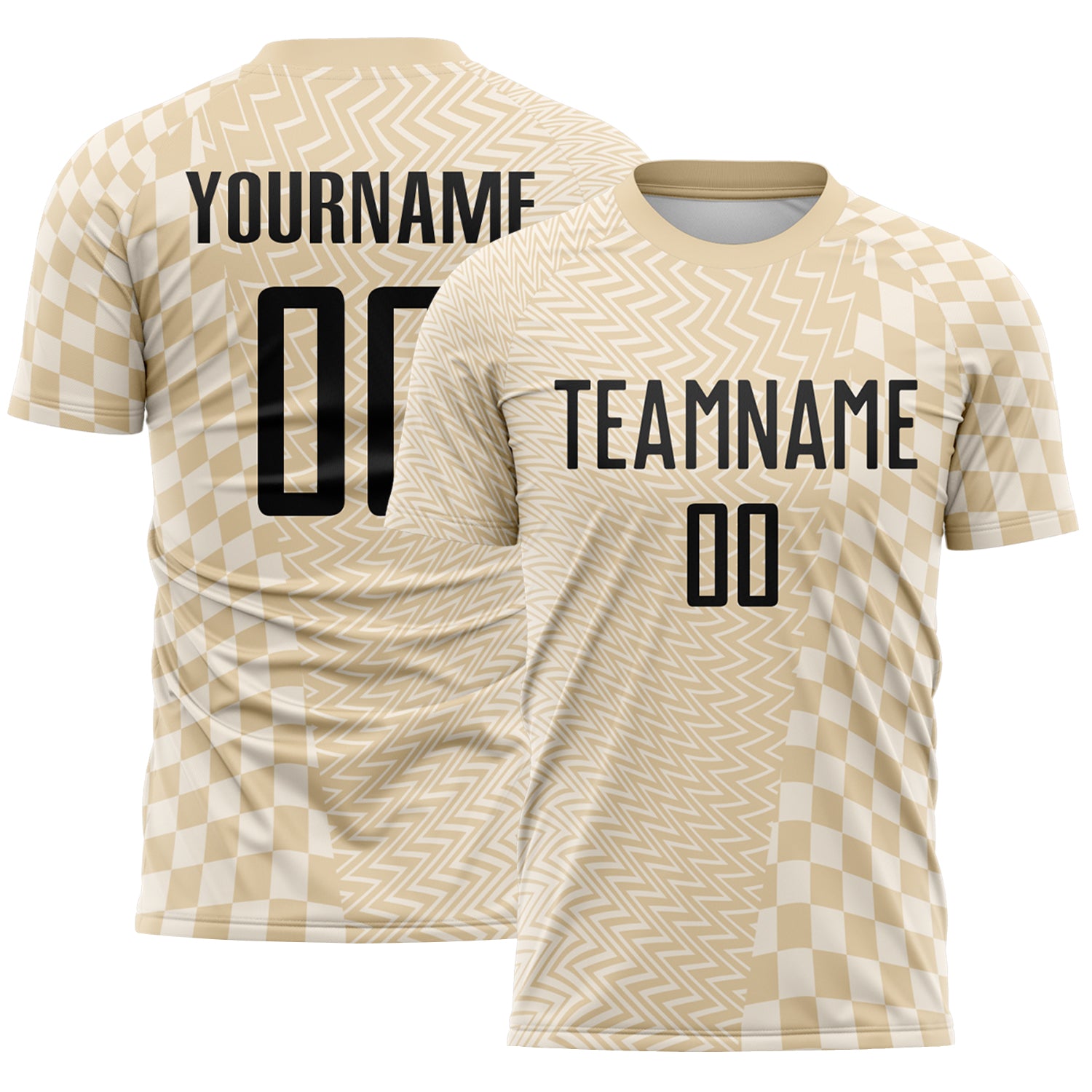 FansIdea Custom City Cream Black-Cream Geometric Patchwork Asymmetry Checkered Zigzag Lines Sublimation Soccer Uniform Jersey - $16.99 at Proof Eyewear