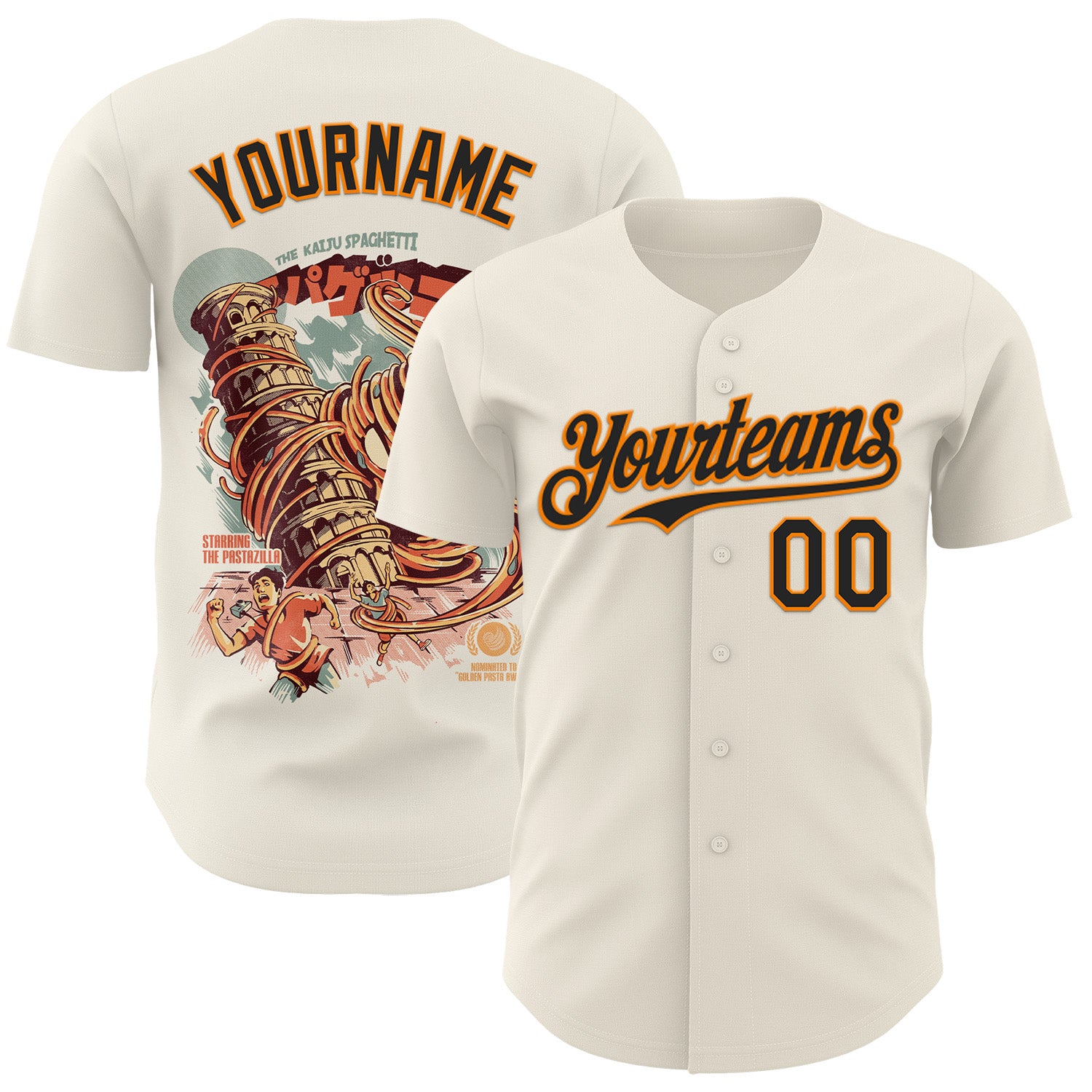 Fansidea-group-collabs Custom Cream Black-Bay Orange Ilustrata® studio The Kaiju Spaghetti White Or Cream Authentic Baseball Jersey - $34.99 at Proof Eyewear