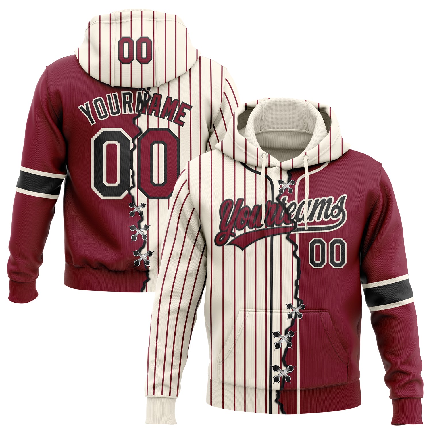 FansIdea Custom Cream Crimson Pinstripe-Black Split Ripped Pattern Baseball Pullover Sweatshirt Hoodie - $32.99 at Proof Eyewear