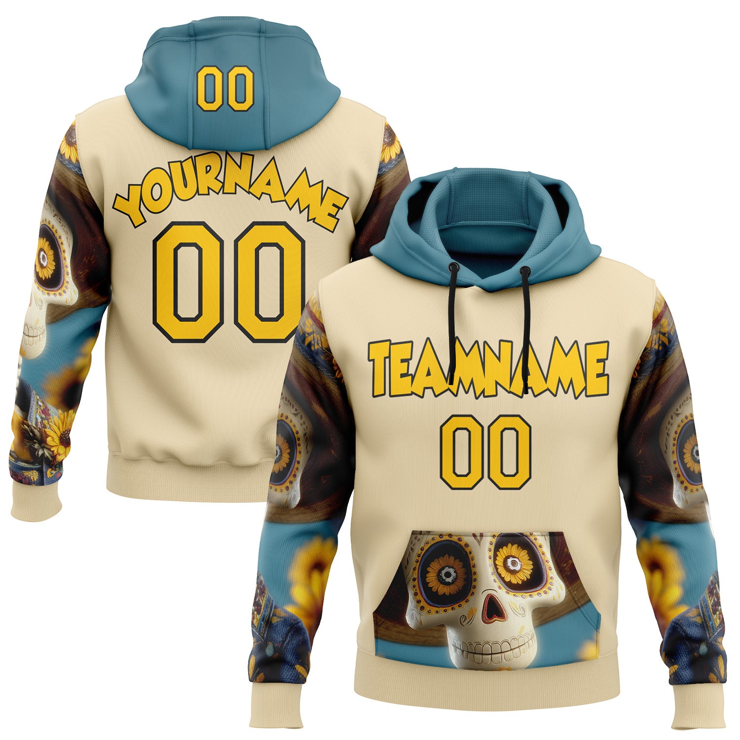 FansIdea Custom Cream Yellow-Black 3D Skull Sunflower Calavera Day Of The Dead Dia de los Muertos Sports Pullover Sweatshirt Hoodie - $32.99 at Proof Eyewear