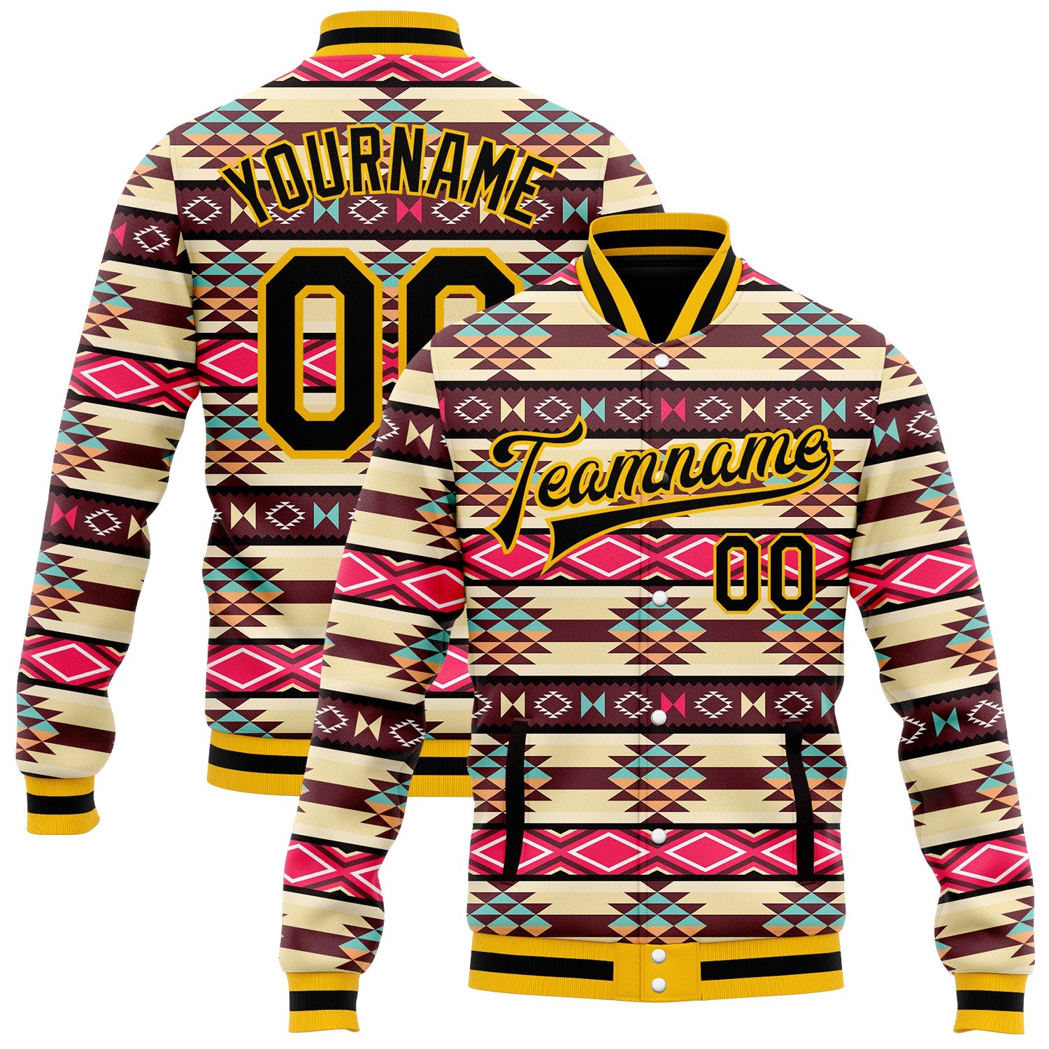 FansIdea Custom Cream Black Gold-White Southwestern Geometric Aztec Bomber Full-Snap Varsity Letterman Jacket - $38.99 at Proof Eyewear