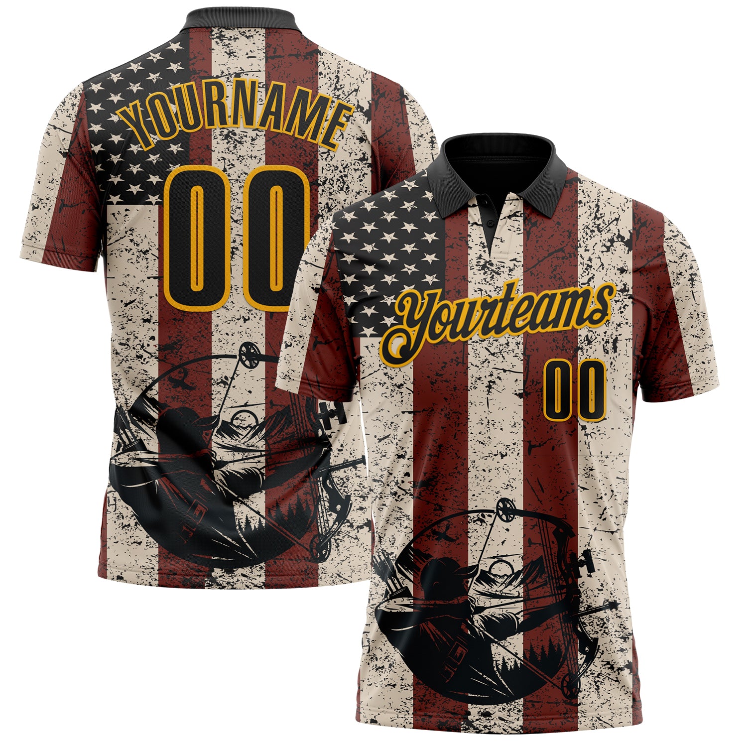 FansIdea Custom Cream Black Red-Gold USA Flag Bow And Arrow Archery Performance Polo Shirt - $19.99 at Proof Eyewear