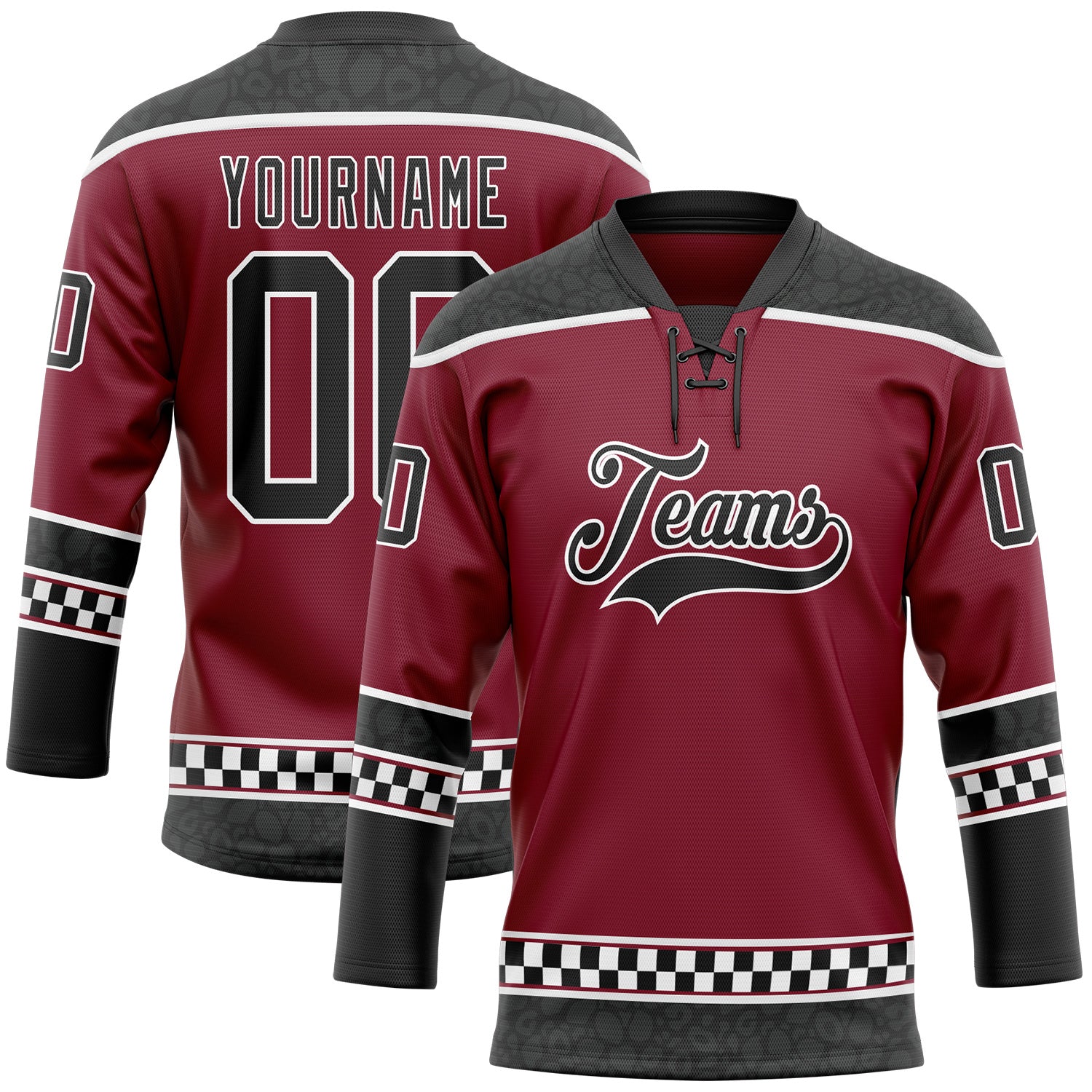 FansIdea Custom Crimson Black-White Leopard Print Checkered Stripe Lace Neck Hockey Jersey - $29.99 at Proof Eyewear