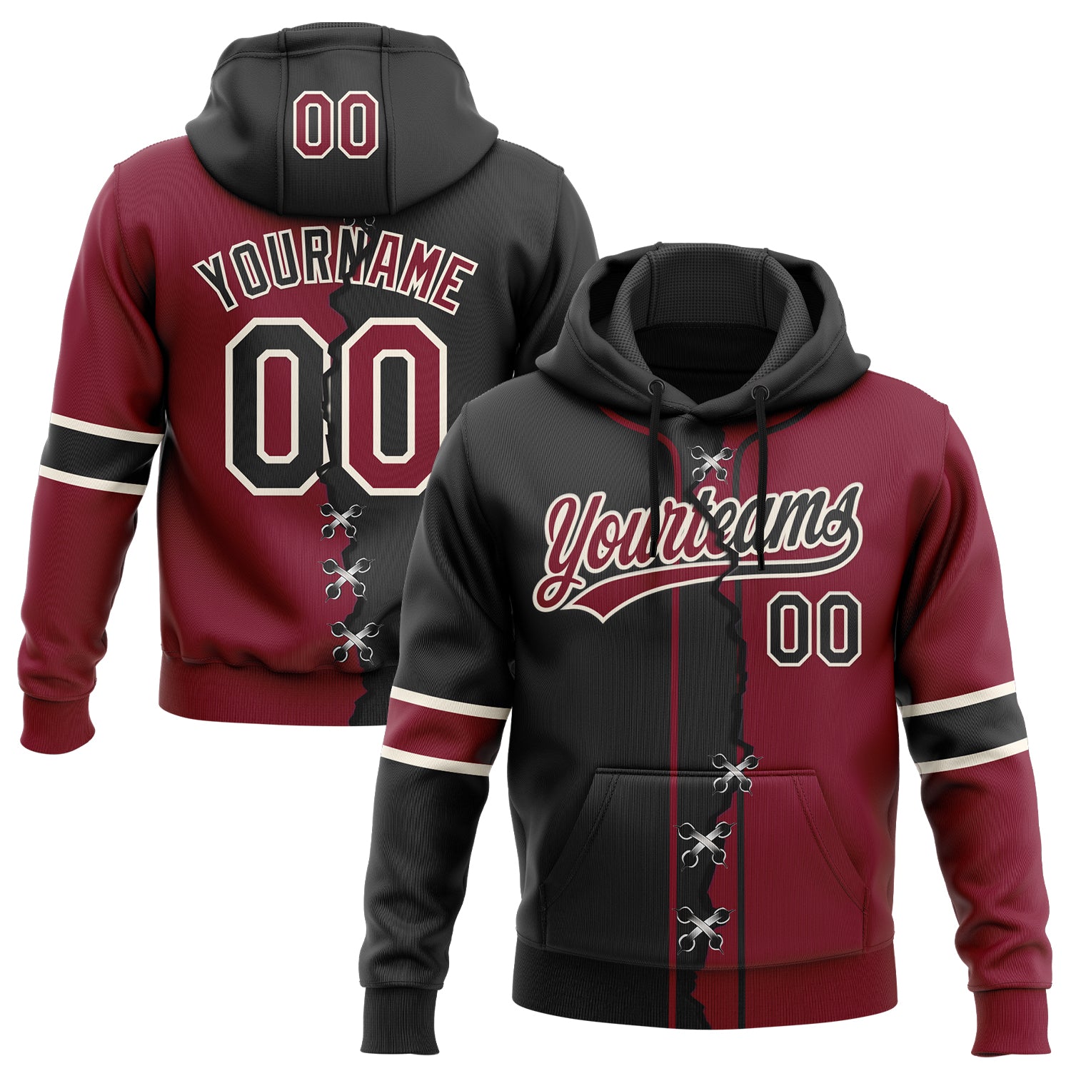 FansIdea Custom Crimson Black-Cream Split Ripped Pattern Baseball Pullover Sweatshirt Hoodie - $32.99 at Proof Eyewear