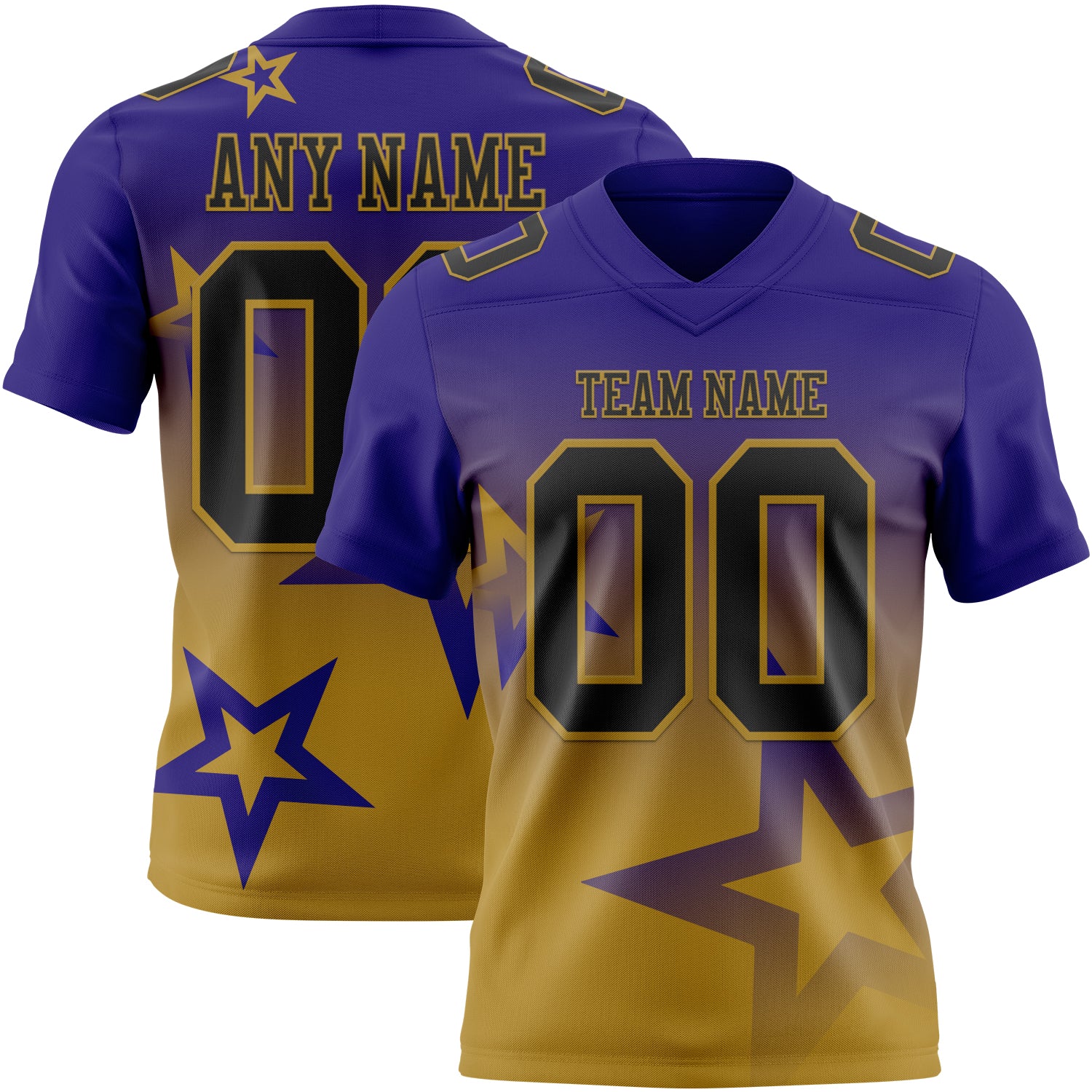 FansIdea Custom Dark Purple Black-Old Gold Authentic Gradient Style Twinkle Star Football Jersey - $19.99 at Proof Eyewear