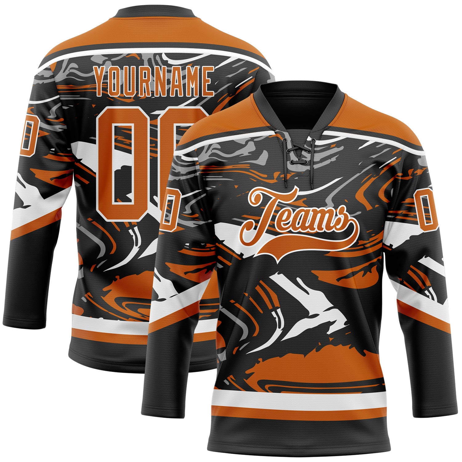 FansIdea Custom Figure Texas Orange Black-White 3D Pattern Fluid Art Hockey Lace Neck Jersey - $29.99 at Proof Eyewear