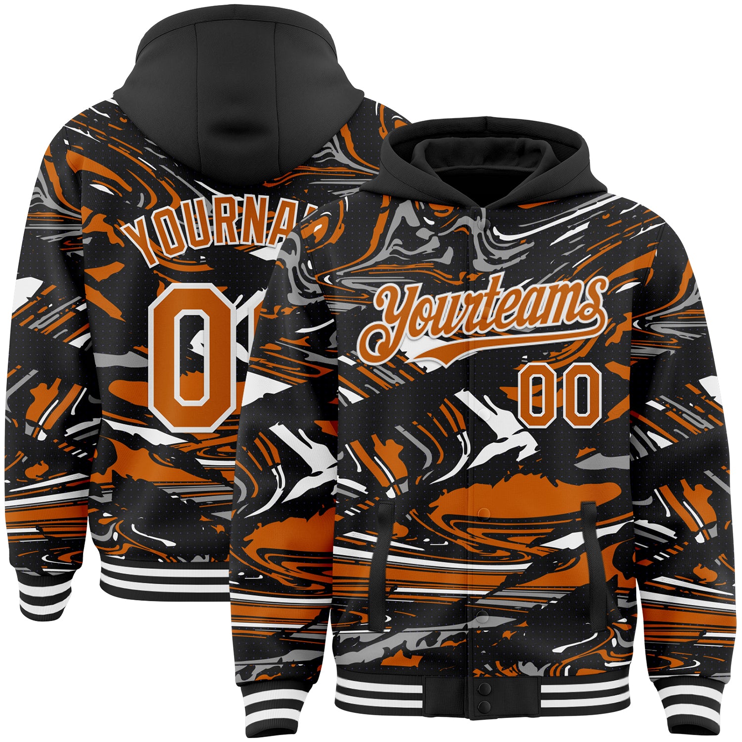 FansIdea Custom Figure Texas Orange Black-White Fluid Pattern Bomber Full-Snap Varsity Letterman Hoodie Jacket - $38.99 at Proof Eyewear