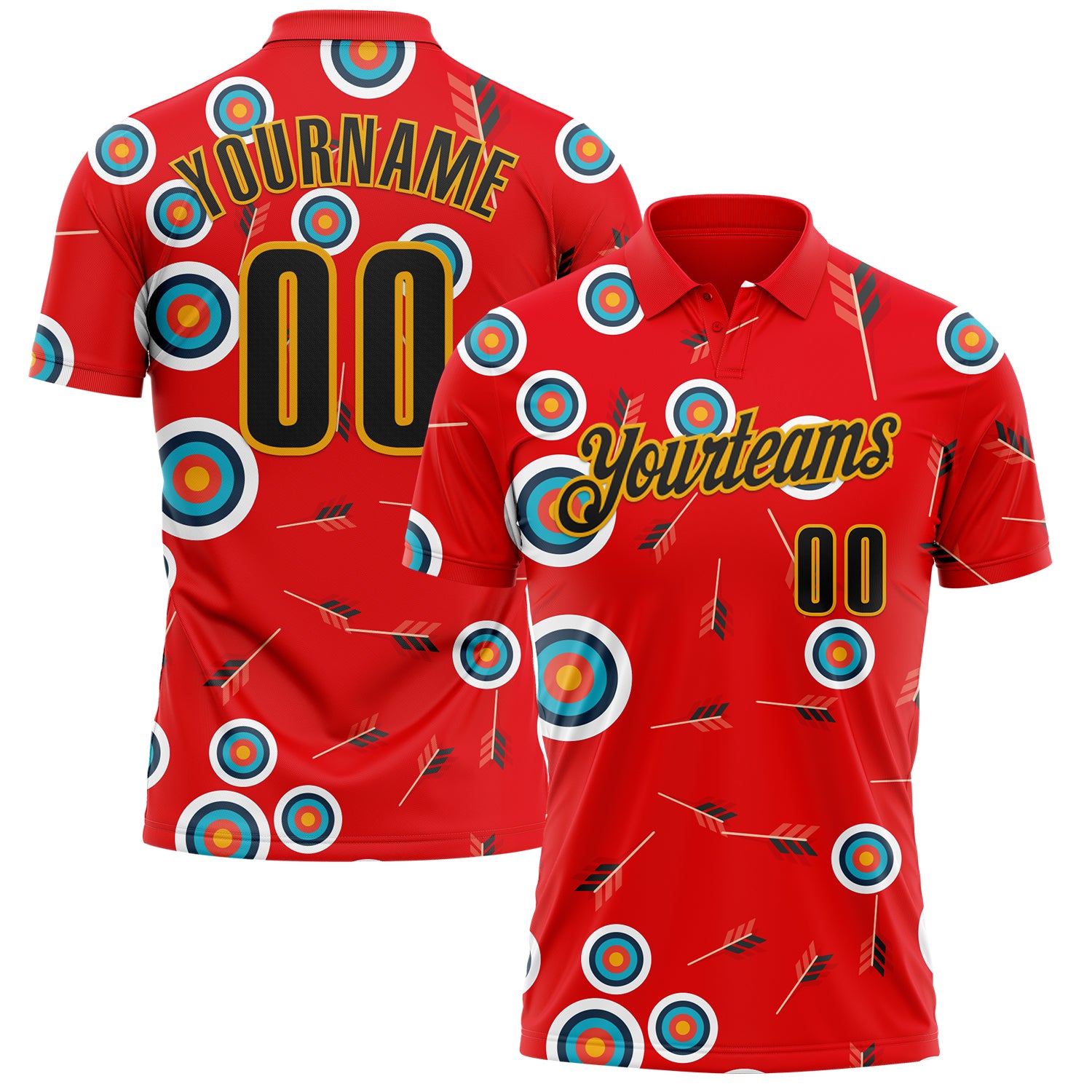 FansIdea Custom Fire Red Black-Gold Archery Target Performance Polo Shirt - $19.99 at Proof Eyewear
