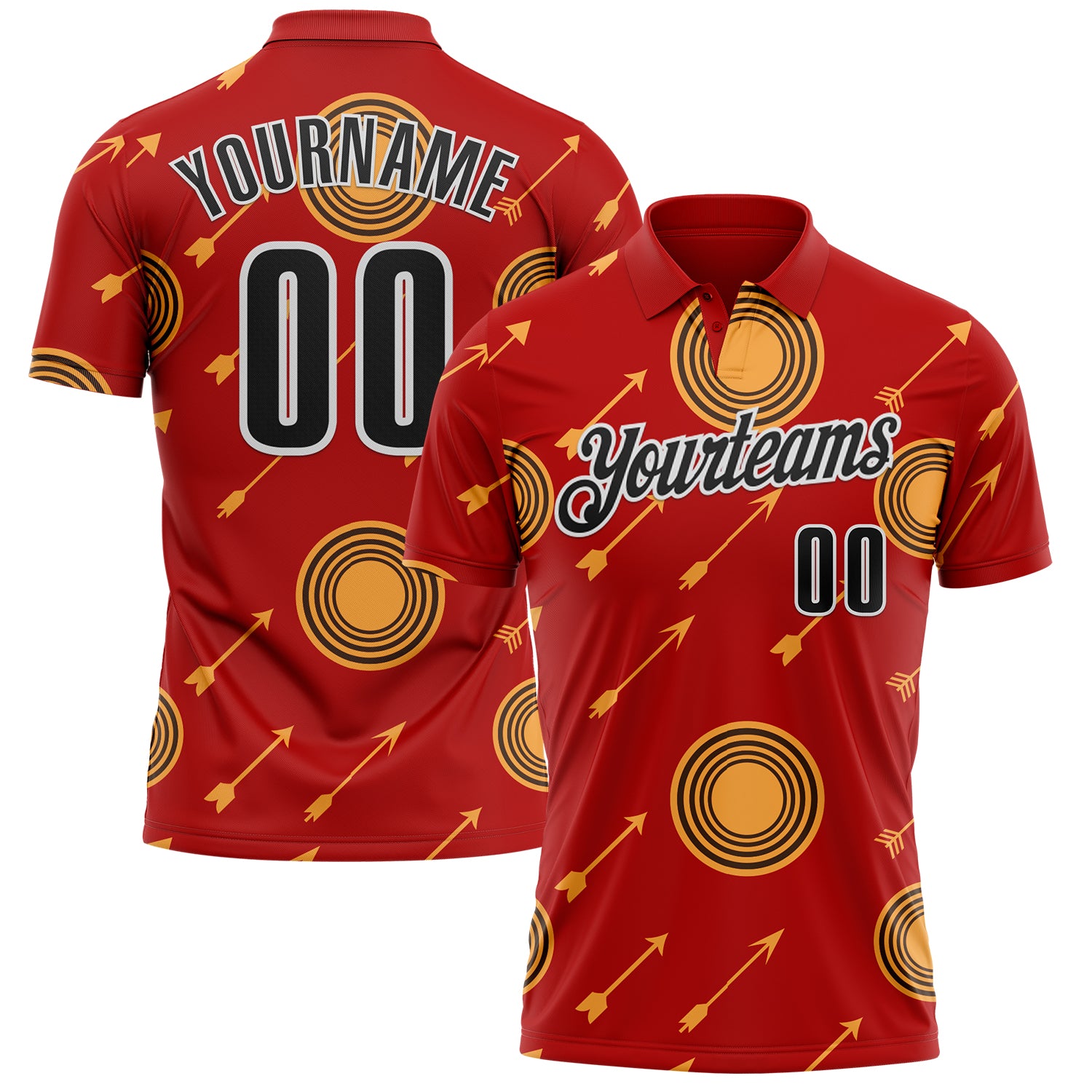 FansIdea Custom Fire Red Black Yellow-White Archery Target Performance Polo Shirt - $19.99 at Proof Eyewear