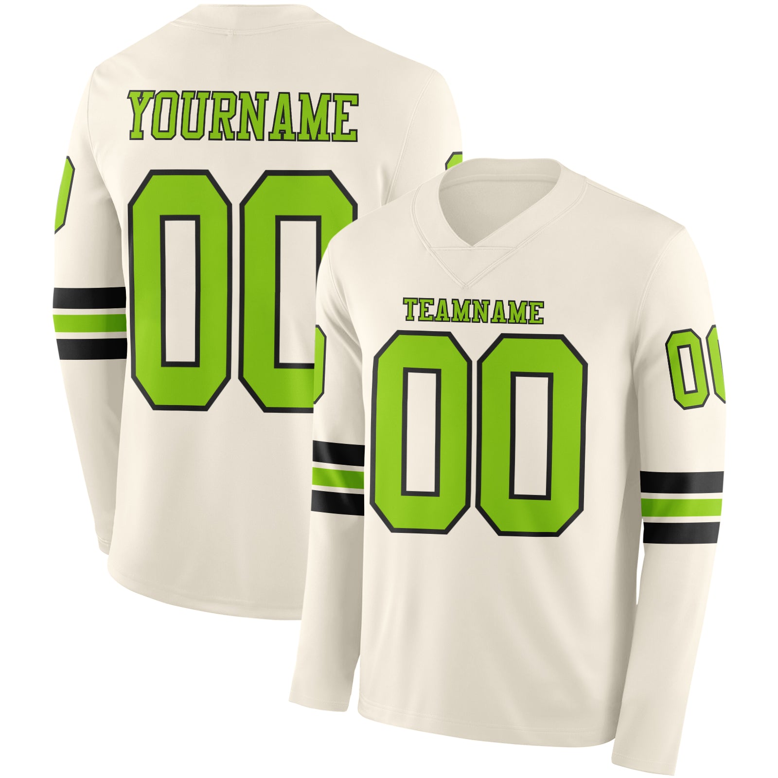 FansIdea Custom Cream Neon Green-Black Long Sleeve Authentic Football Jersey - $24.99 at Proof Eyewear