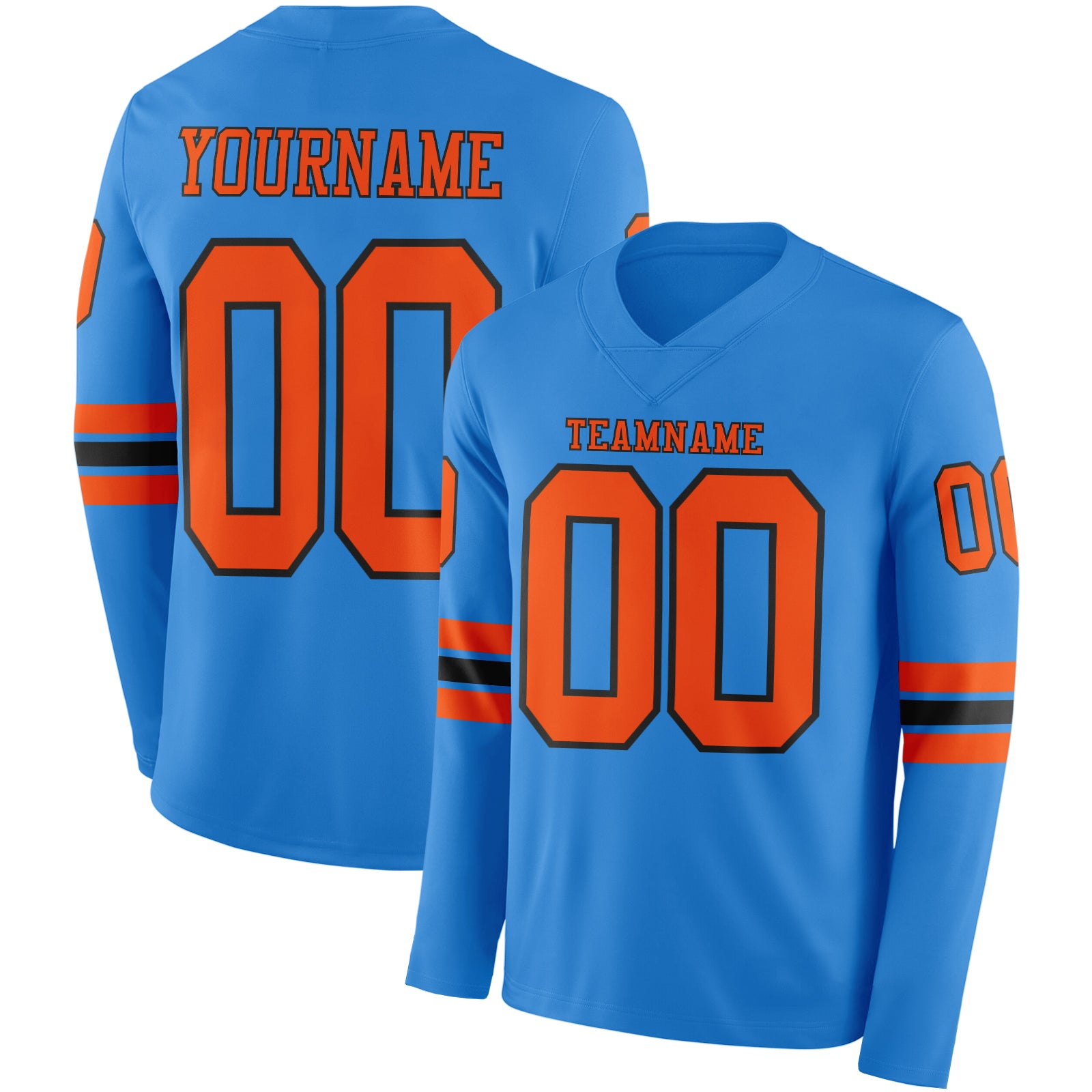 FansIdea Custom Powder Blue Orange-Black Long Sleeve Authentic Football Jersey - $24.99 at Proof Eyewear