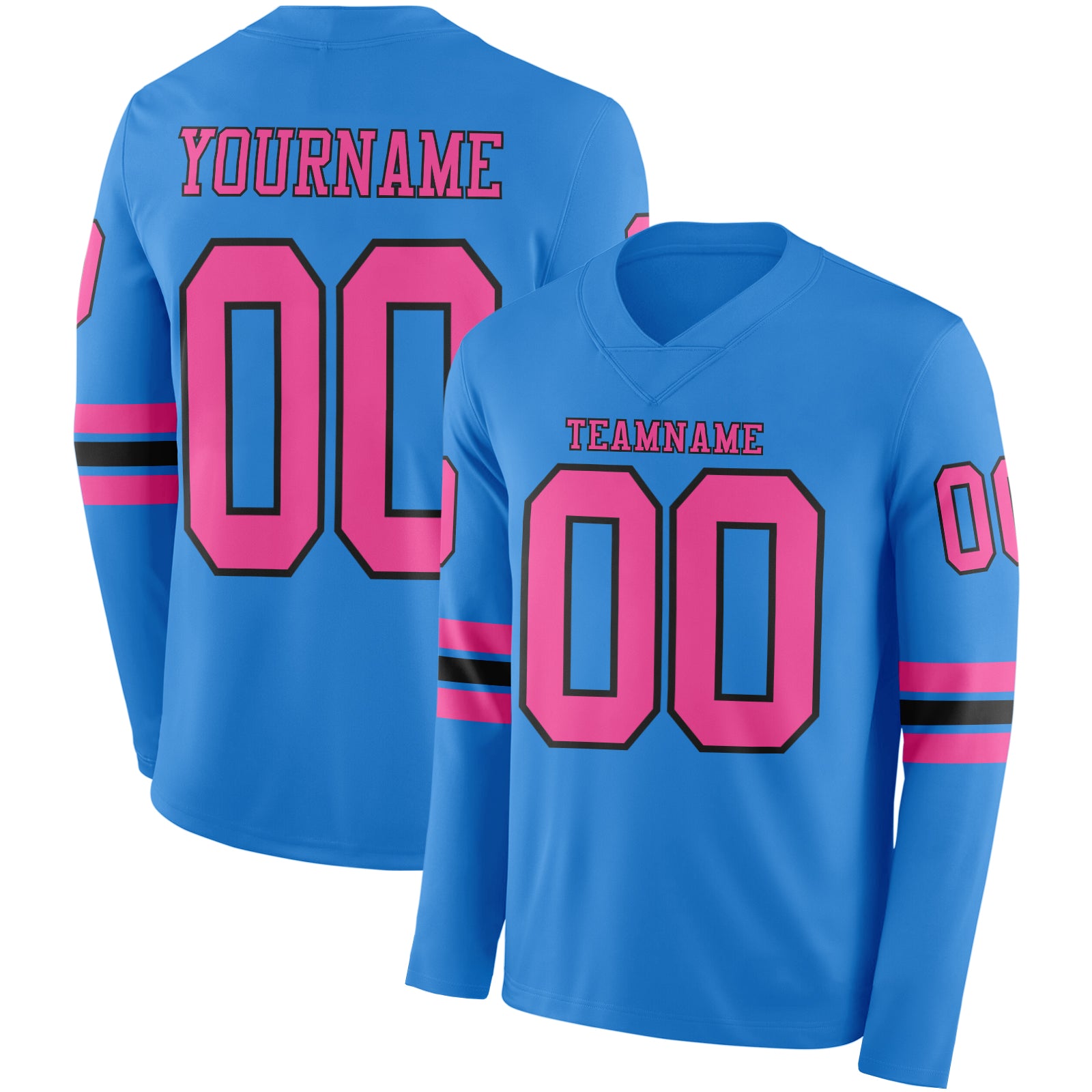 FansIdea Custom Powder Blue Pink-Black Long Sleeve Authentic Football Jersey - $24.99 at Proof Eyewear