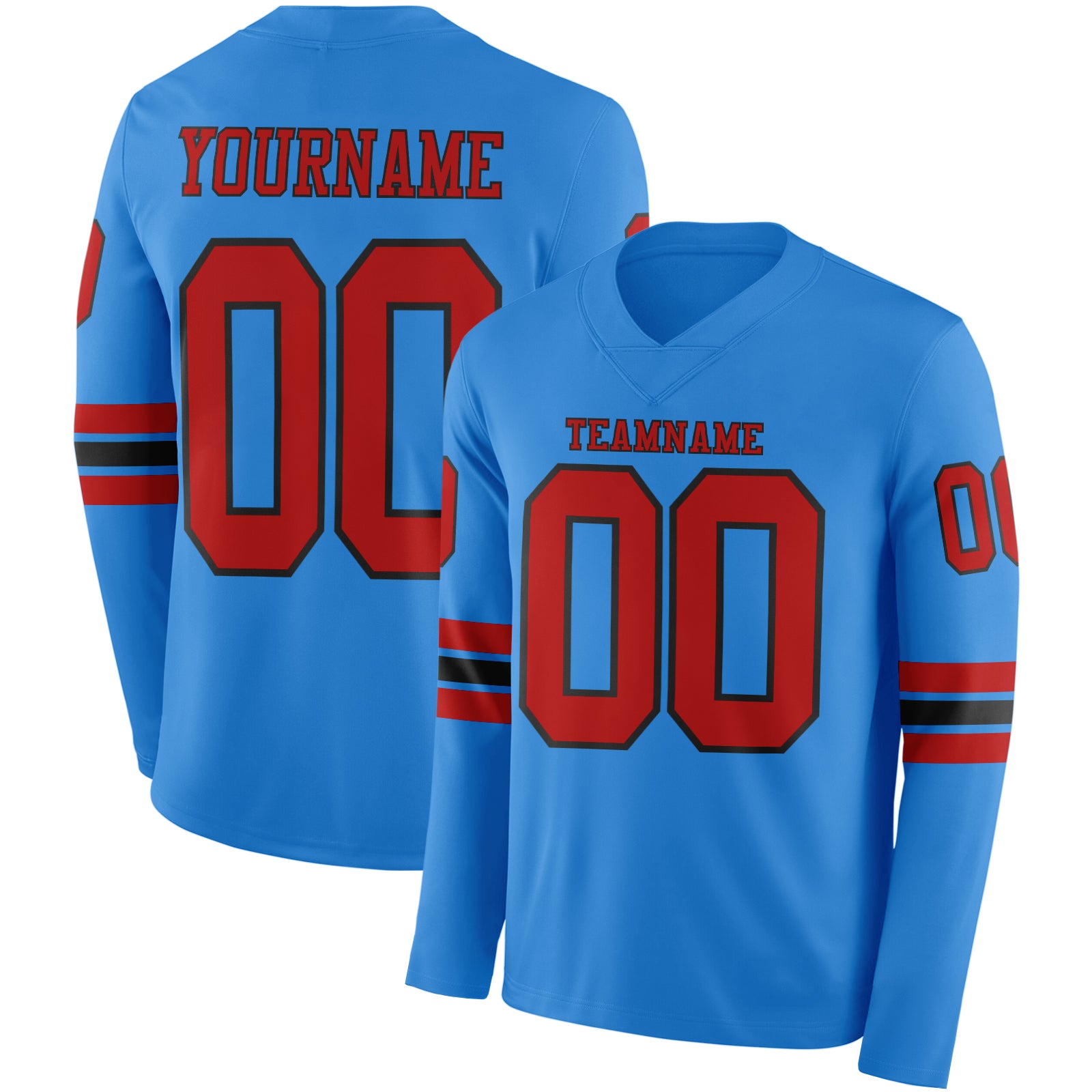 FansIdea Custom Powder Blue Red-Black Long Sleeve Authentic Football Jersey - $24.99 at Proof Eyewear