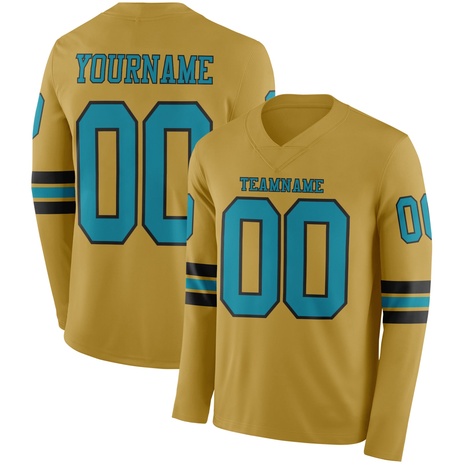 FansIdea Custom Old Gold Teal-Black Long Sleeve Authentic Football Jersey - $24.99 at Proof Eyewear