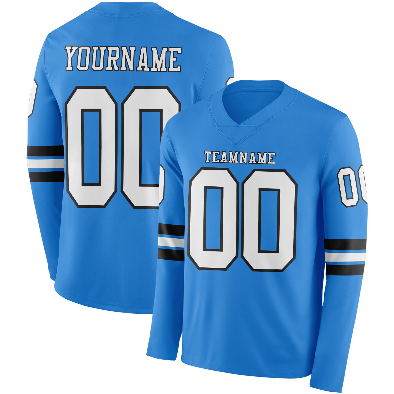 FansIdea Custom Powder Blue White-Black Long Sleeve Authentic Football Jersey - $24.99 at Proof Eyewear