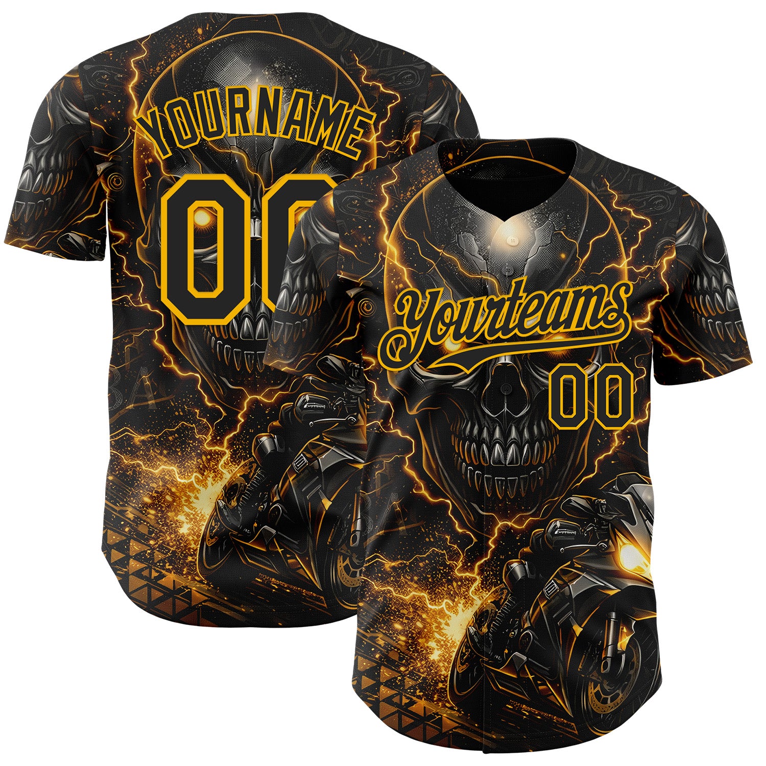 FansIdea Custom Black-Gold 3D Pattern Design Motorcycle Motocross Skull Authentic Baseball Jersey - $29.99 at Proof Eyewear
