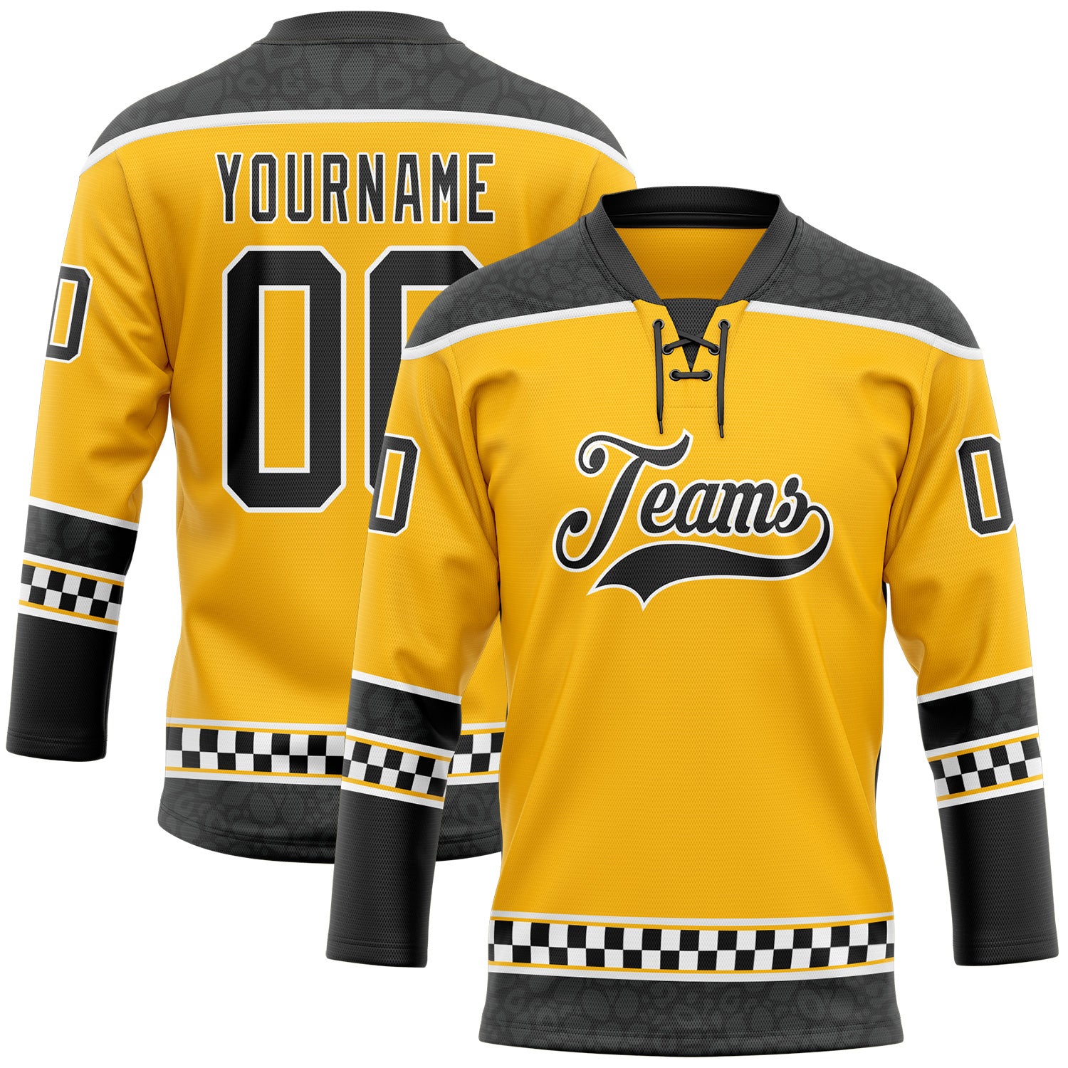 FansIdea Custom Gold Black-White Leopard Print Checkered Stripe Lace Neck Hockey Jersey - $29.99 at Proof Eyewear