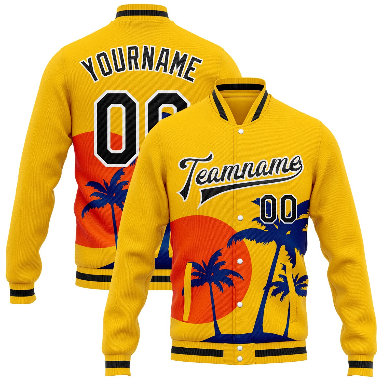 FansIdea Custom Gold Black-White Hawaii Palm Trees Sunset Bomber Full-Snap Varsity Letterman Jacket - $38.99 at Proof Eyewear