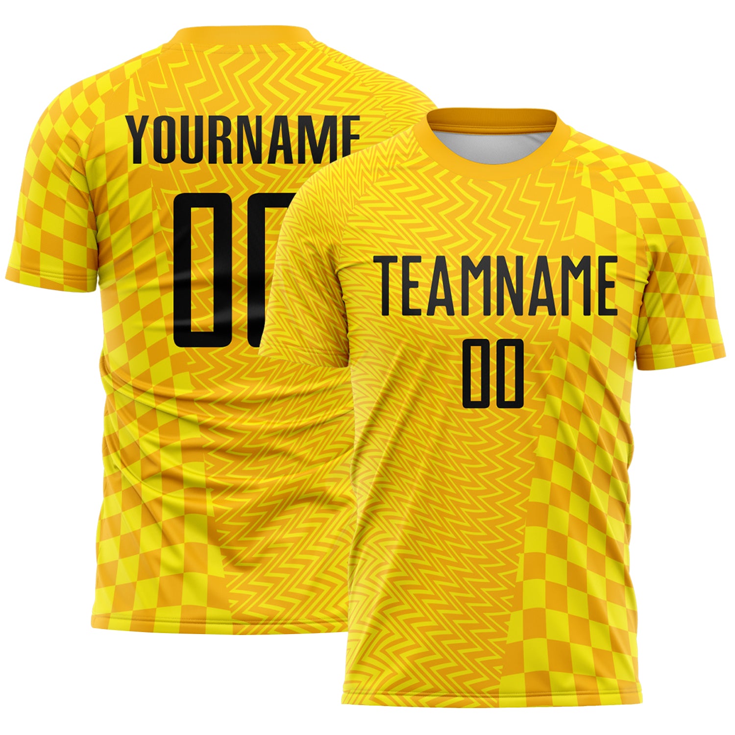 FansIdea Custom Gold Black-Light Yellow Geometric Patchwork Asymmetry Checkered Zigzag Lines Sublimation Soccer Uniform Jersey - $16.99 at Proof Eyewear